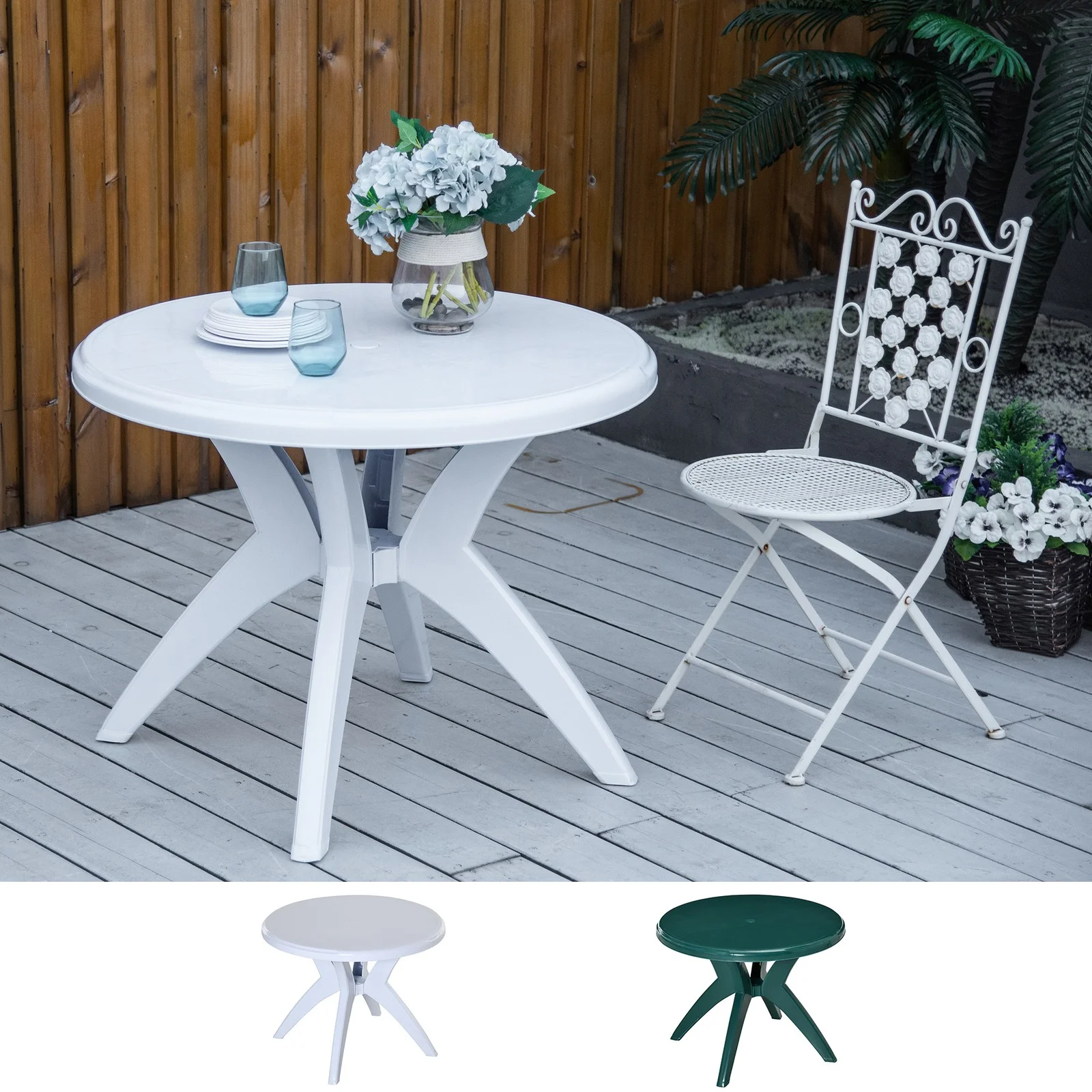 SKTPI Outdoor Plastic Dining Table w/ Umbrella Hole, Outdoor End Table, Patio Coffee Bistro Table for Indoor, Garden, Porch, Balcony, White - Image 6