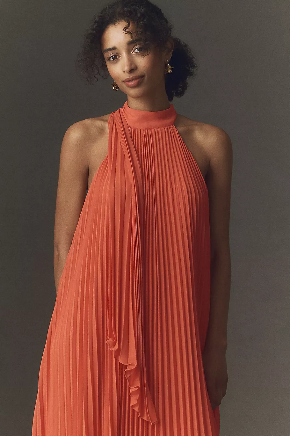 BHLDN Rosie Mock-Neck Pleated Chiffon Maxi Dress -  Chili
