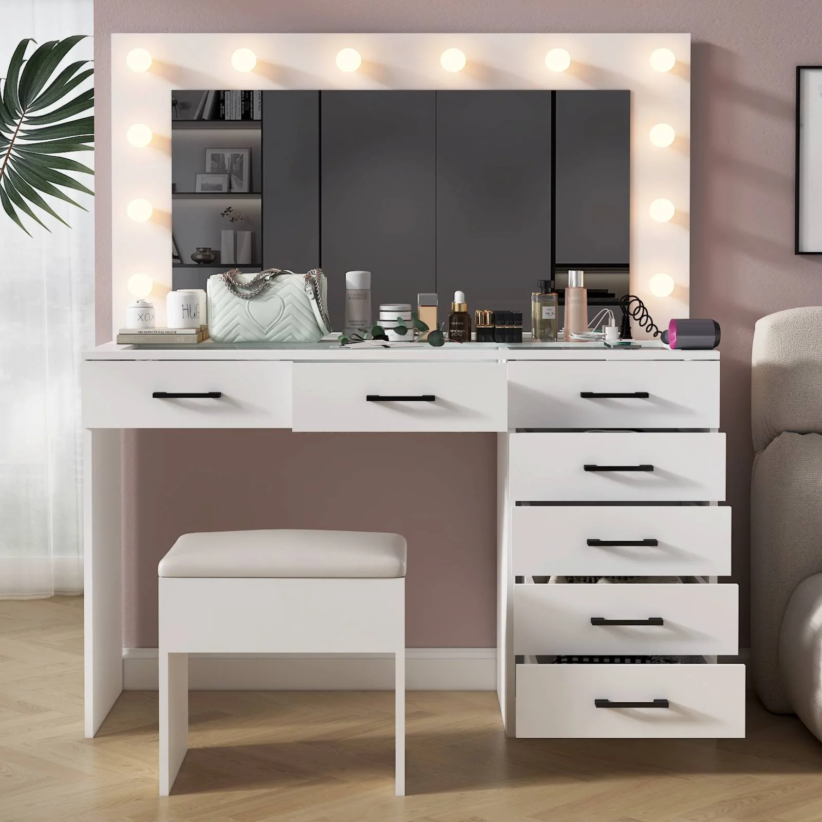 Ktaxon Large Makeup Vanity, Vanity Table Set w/ Visible Glass Top w/ Charging Station, White - Image 43