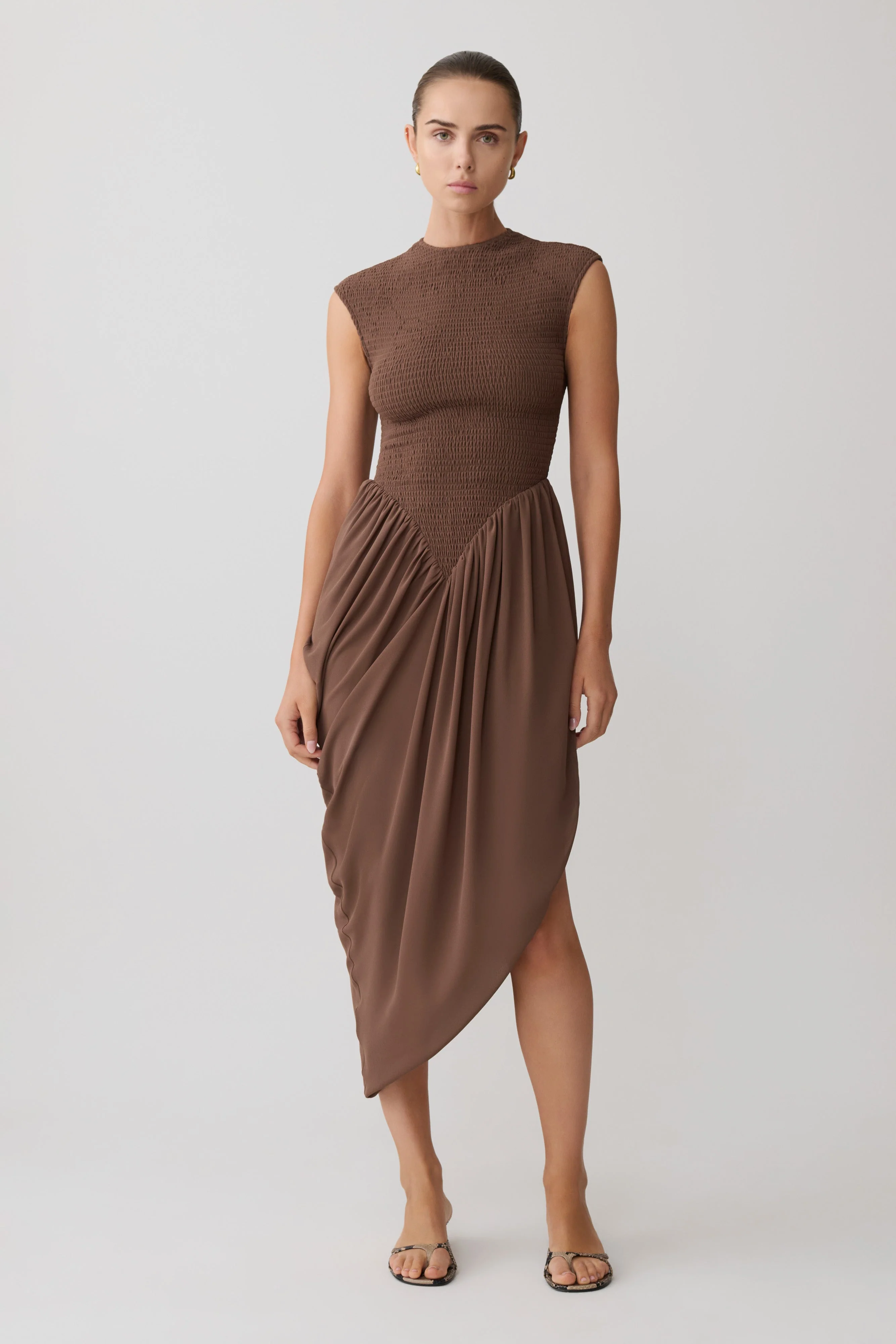 Nola Shirred Asymmetric Midi Dress - Mocha