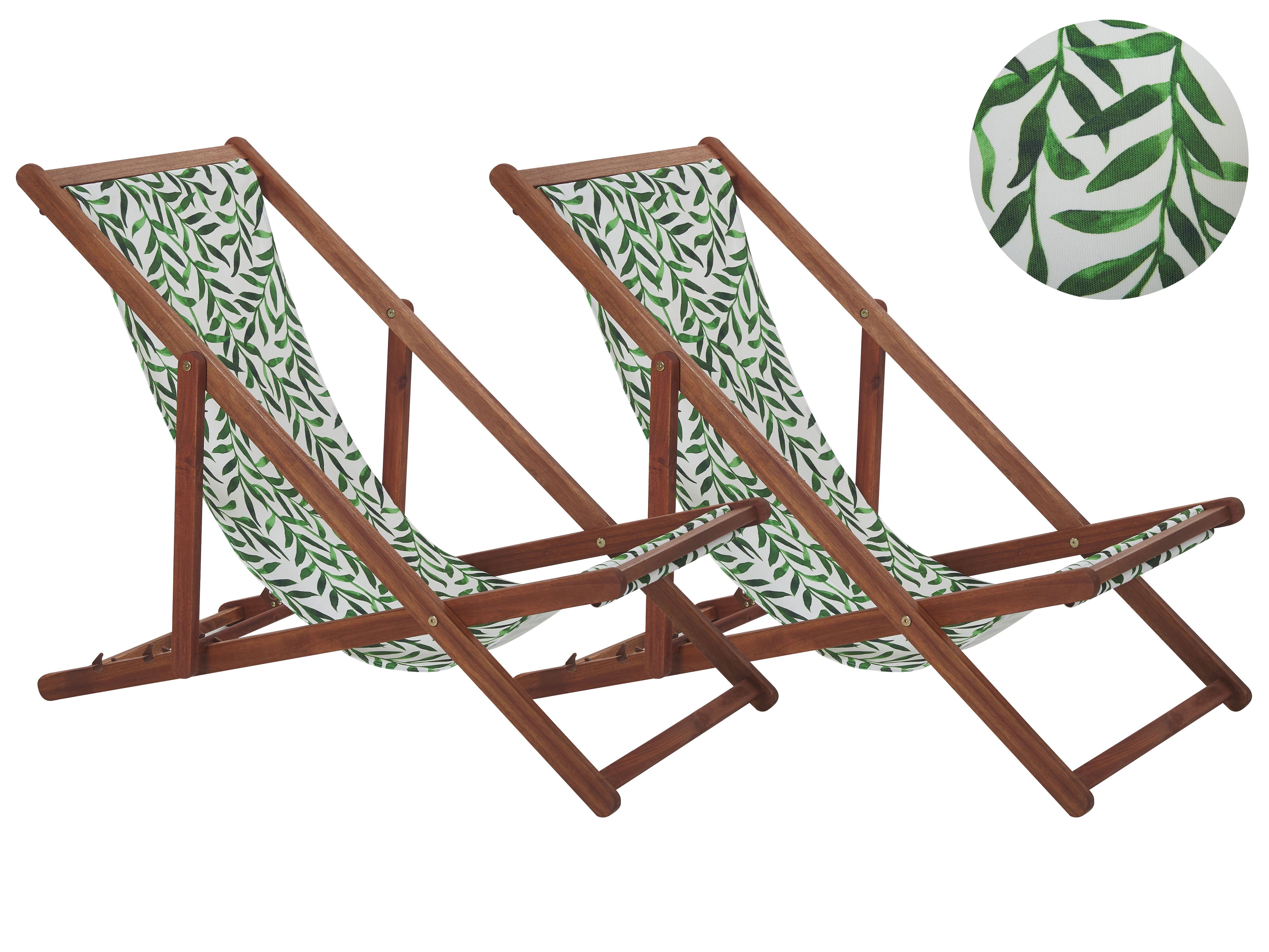 Set of 2 Folding Deck Chairs ANZIO with Replacement Fabrics Floral Motif Acacia Wood Light Brown