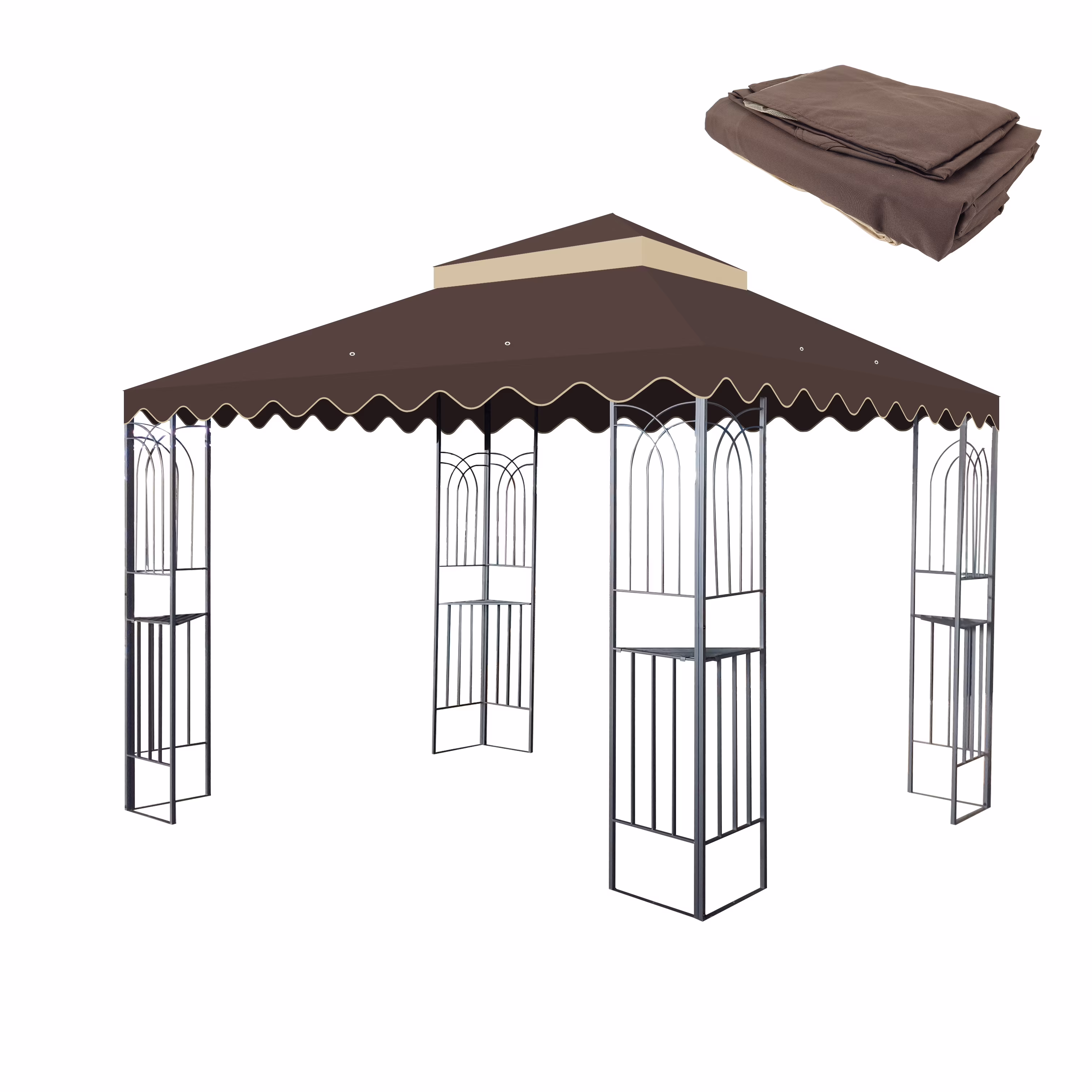 10x10 Ft Outdoor Patio Gazebo Replacement Canopy, Double Tiered Gazebo Tent Roof Top Cover Only wavy border(Frame Not Include)-Red