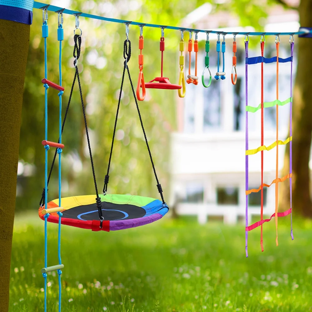 KloKick 50ft Ninja Warrior Obstacle Course with Slackline Monkey Bars and Saucer Swing - Image 14