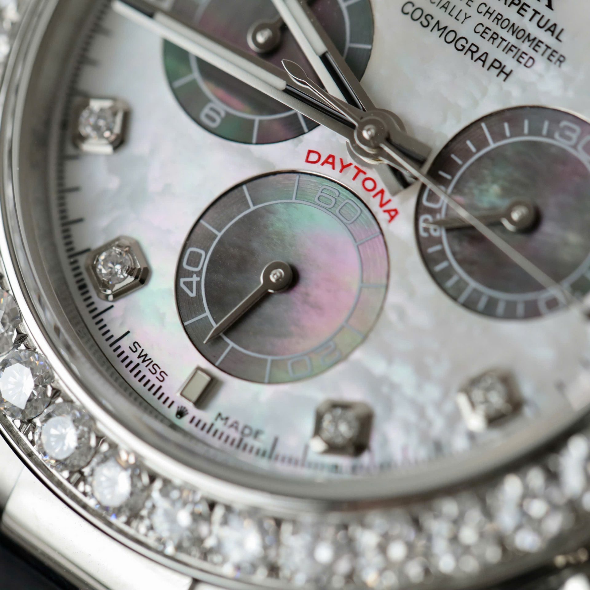 Rolex Daytona Dial MOP Replica Watch Number Pile + Bezel Diamonds Moissanite Custom 40mm - Elite Watch Atelier