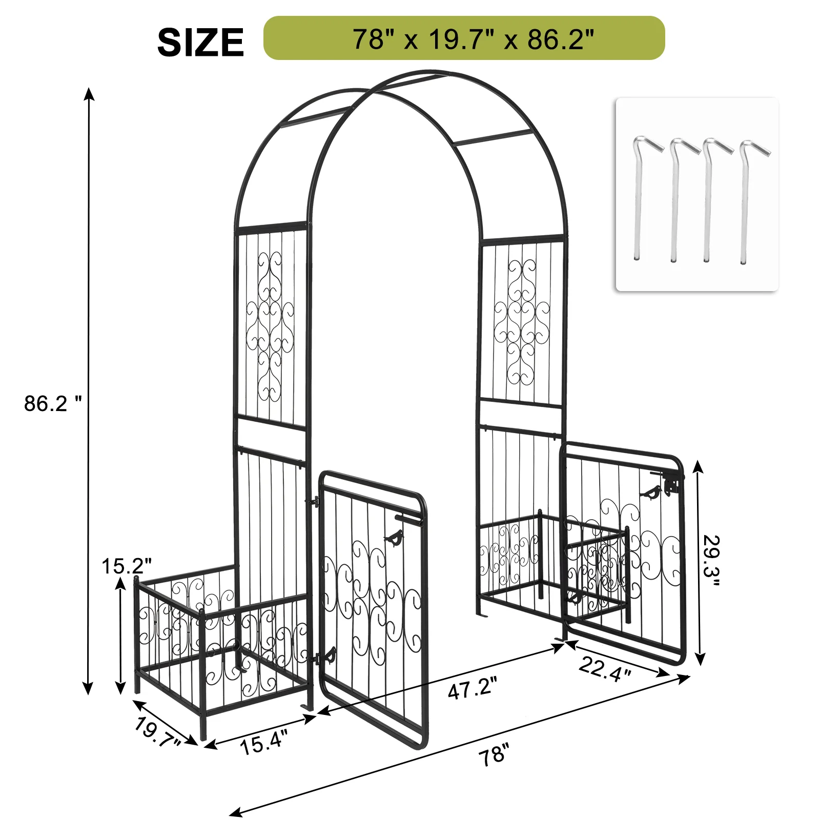7.2 ft Black Iron Garden Trellis Arch with Door & Planting Frame - Rustproof Arbor for Climbing Plants, Roses, Vines
