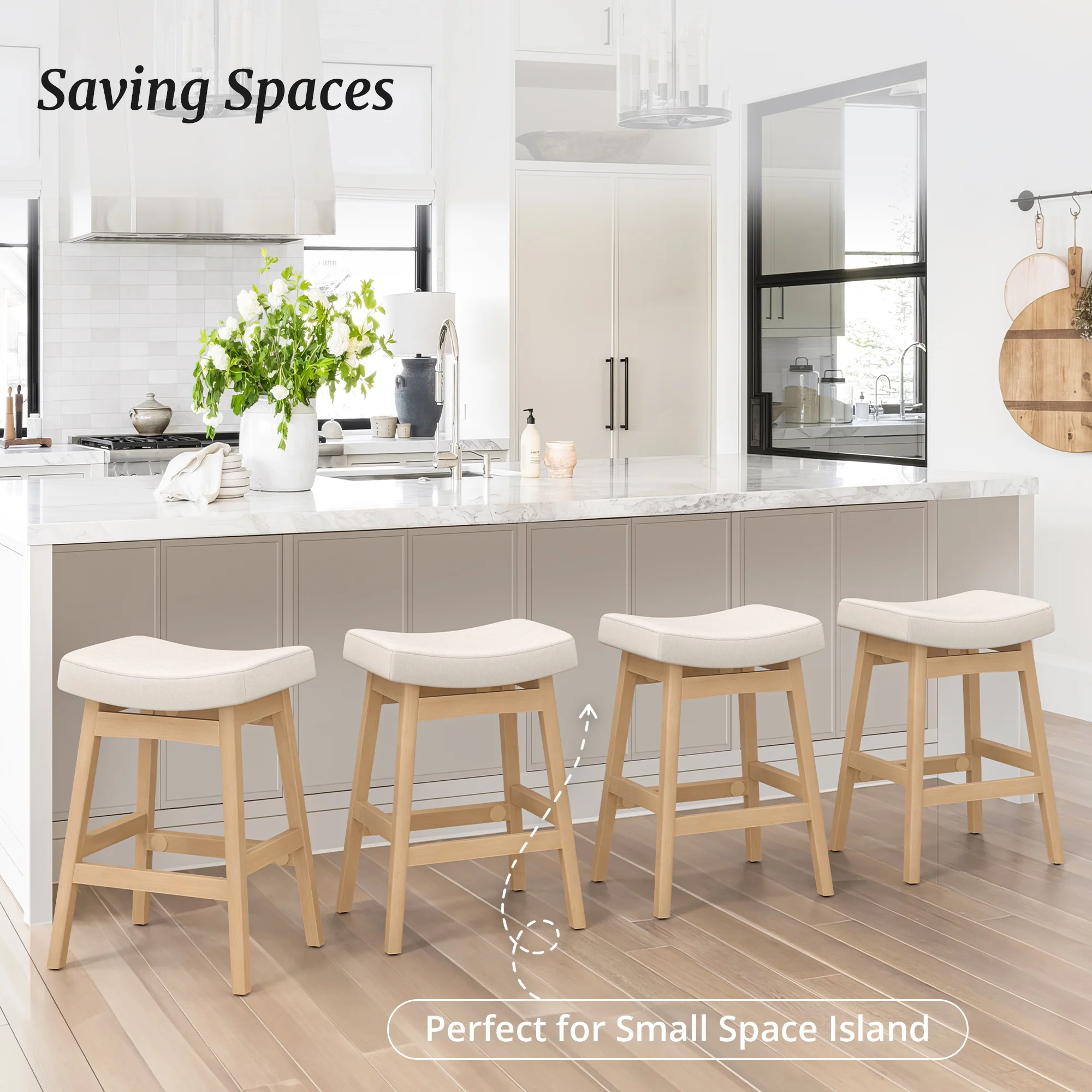 Dycanpo Saddle Seat Counter Height Bar Stools Set of 3 for Kitchen, Dining, 24in, Beige-Fabric - Image 7
