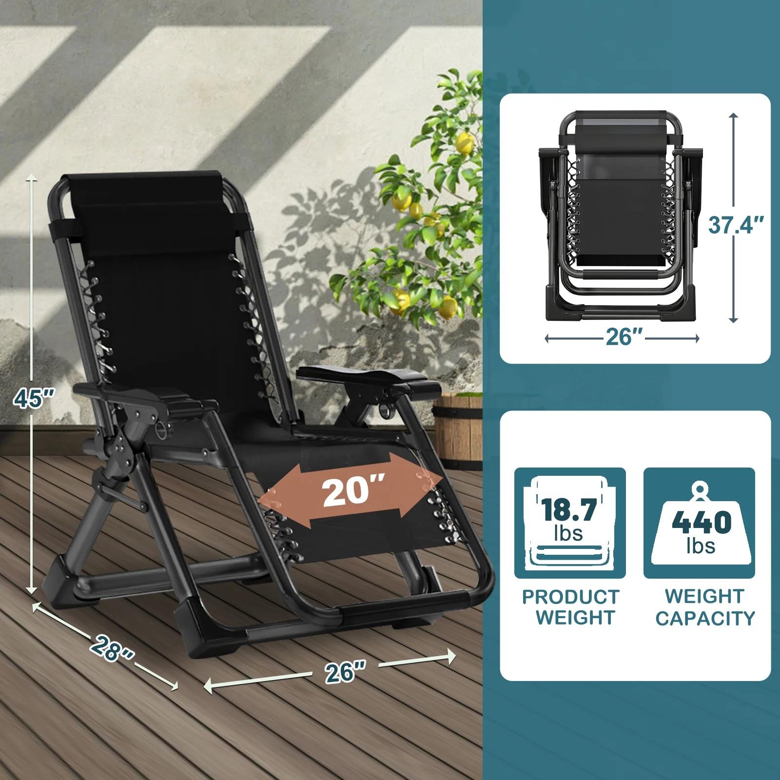 NAIZEA Zero Gravity Chair with Removable Cushion and Cup Holder Black - Image 26