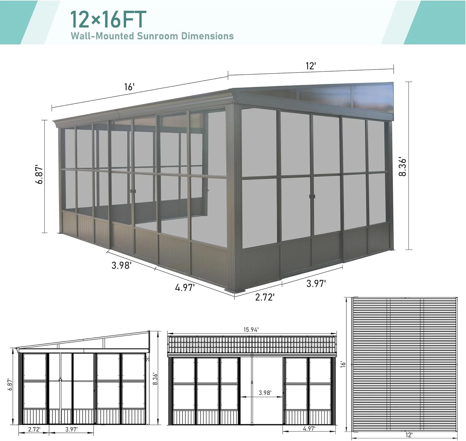 TOTAL Outdoor 10'x12' All-Season Sunroom Gazebo with Steel Roof, PVC Screen, Front & Side Door, Brown - Image 84