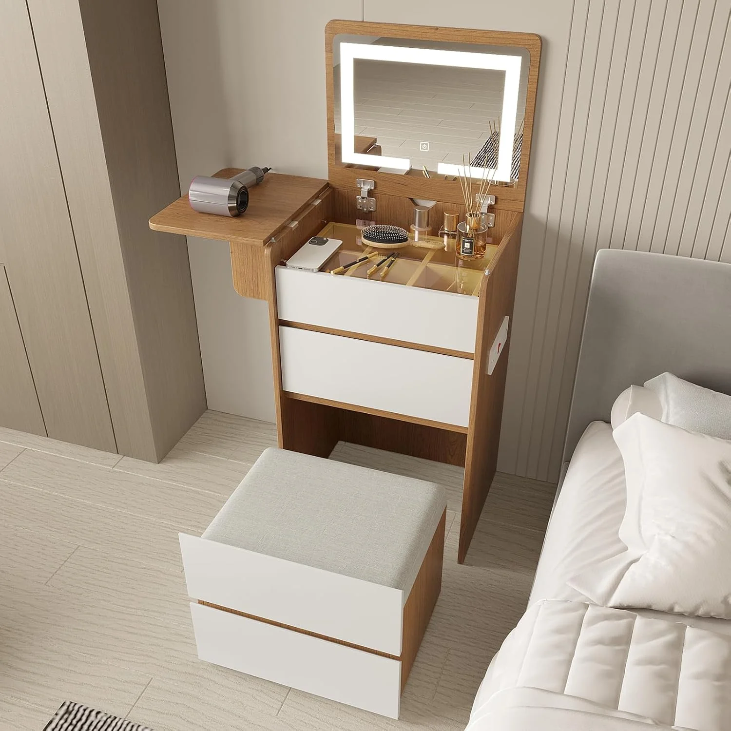 Vanity Desk with Flip Top Lighted Mirror, Compact Makeup Table with Storage Stool, Integrated Vanity with Drawers, 3-in-1 Vanity Set, Small Dressing Desk for Bedroom - Image 8