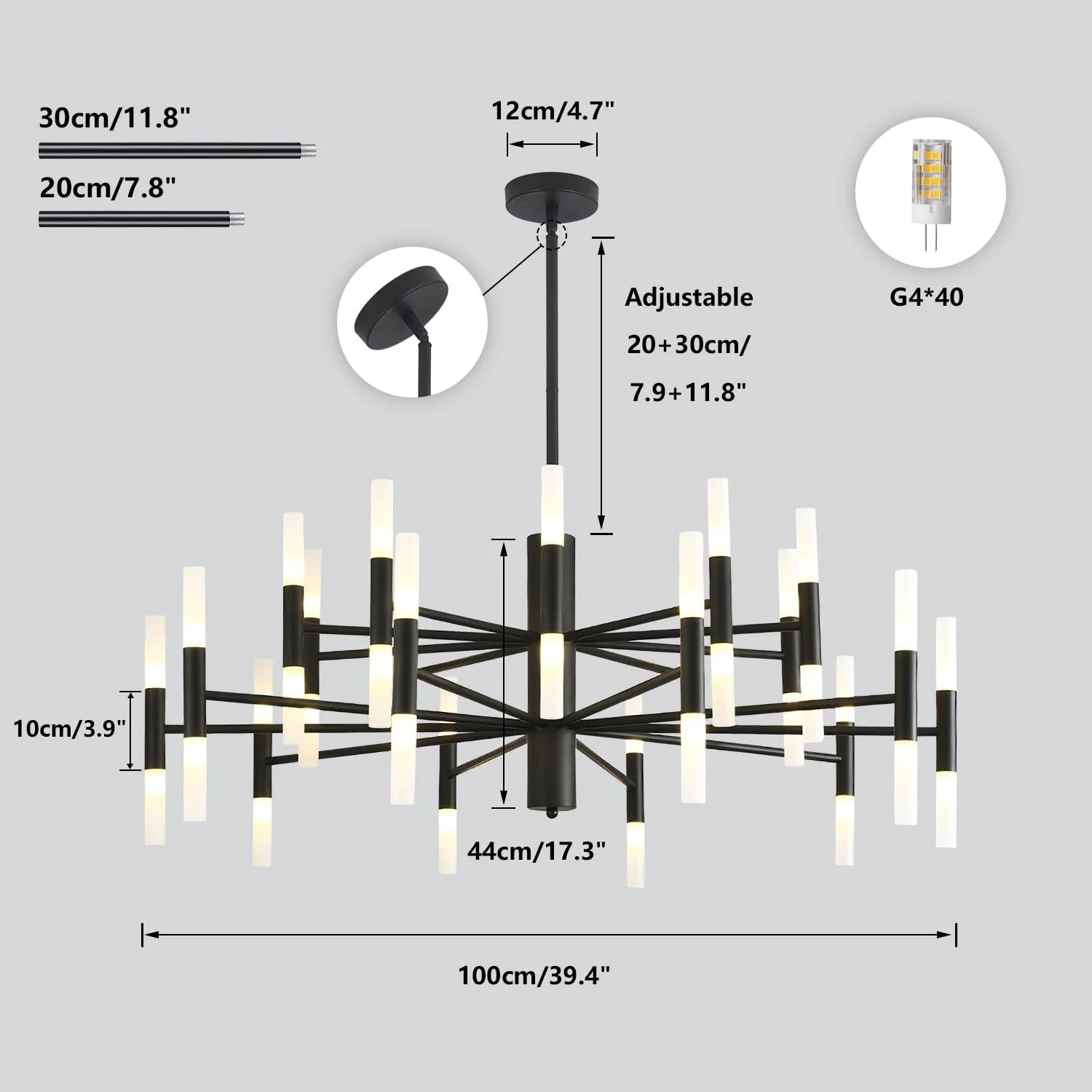 KCO Lighting Black Sputnik Light Fixture, Vintage Chandelier 40 Lights, Mid Century Modern LED Farmhouse Ceiling Light