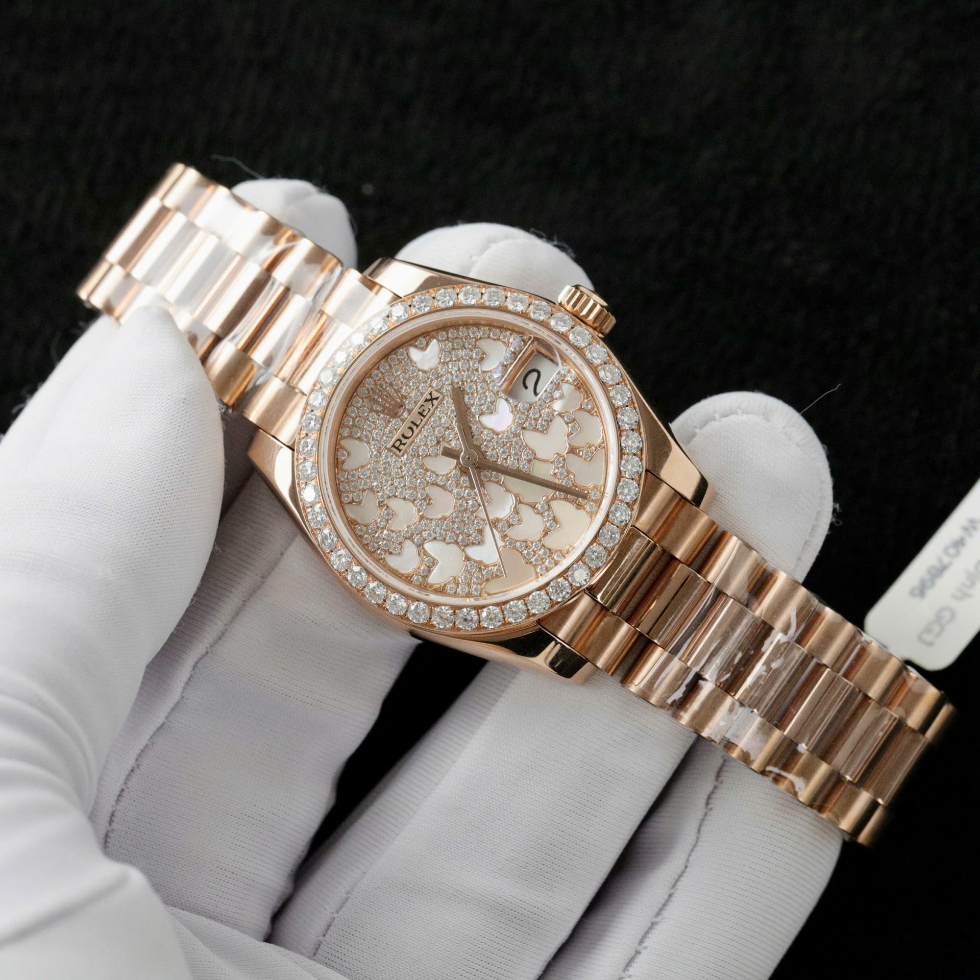 Rolex DateJust Butterfly Dial Copies Watches Rose Gold Wrapped 18K + Diamonds Moissanite 31mm - Elite Watch Atelier