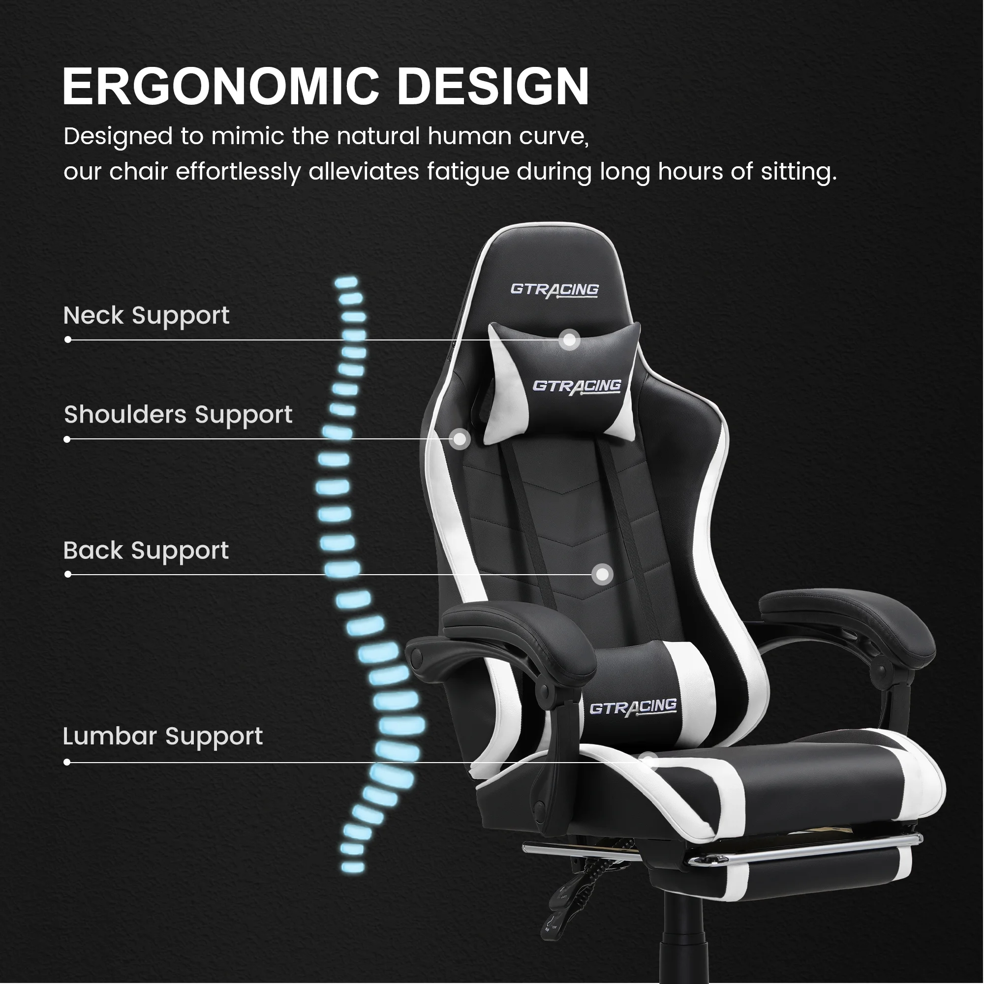 GTRACING GTWD-200 Ergonomic Gaming Chair with Adjustable Pillows and Footrest , White - Image 10