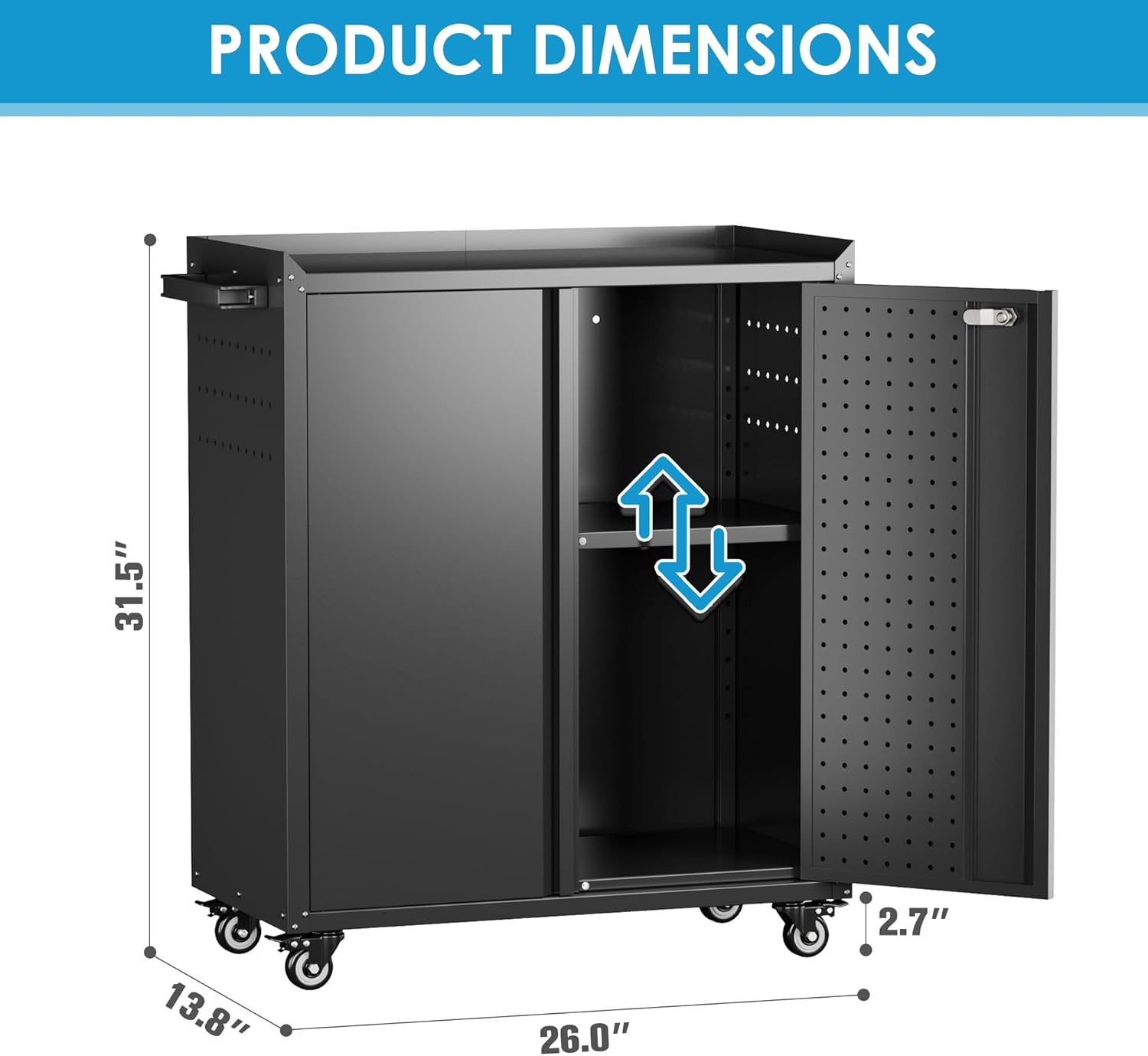 Metal Storage Cabinet on Wheels,Lockable Garage Storage Cabinet with Wheels Pegboard Pushing Hand for Office Home Warehouse, Assembly Required, Black,13.8 