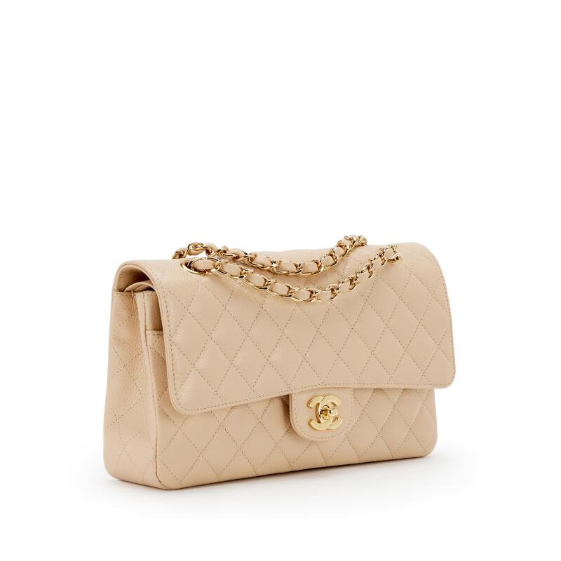 Chanel Classic Double Flap Bag – Beige Quilted Caviar Leather with Gold Hardware - COZYMIZE