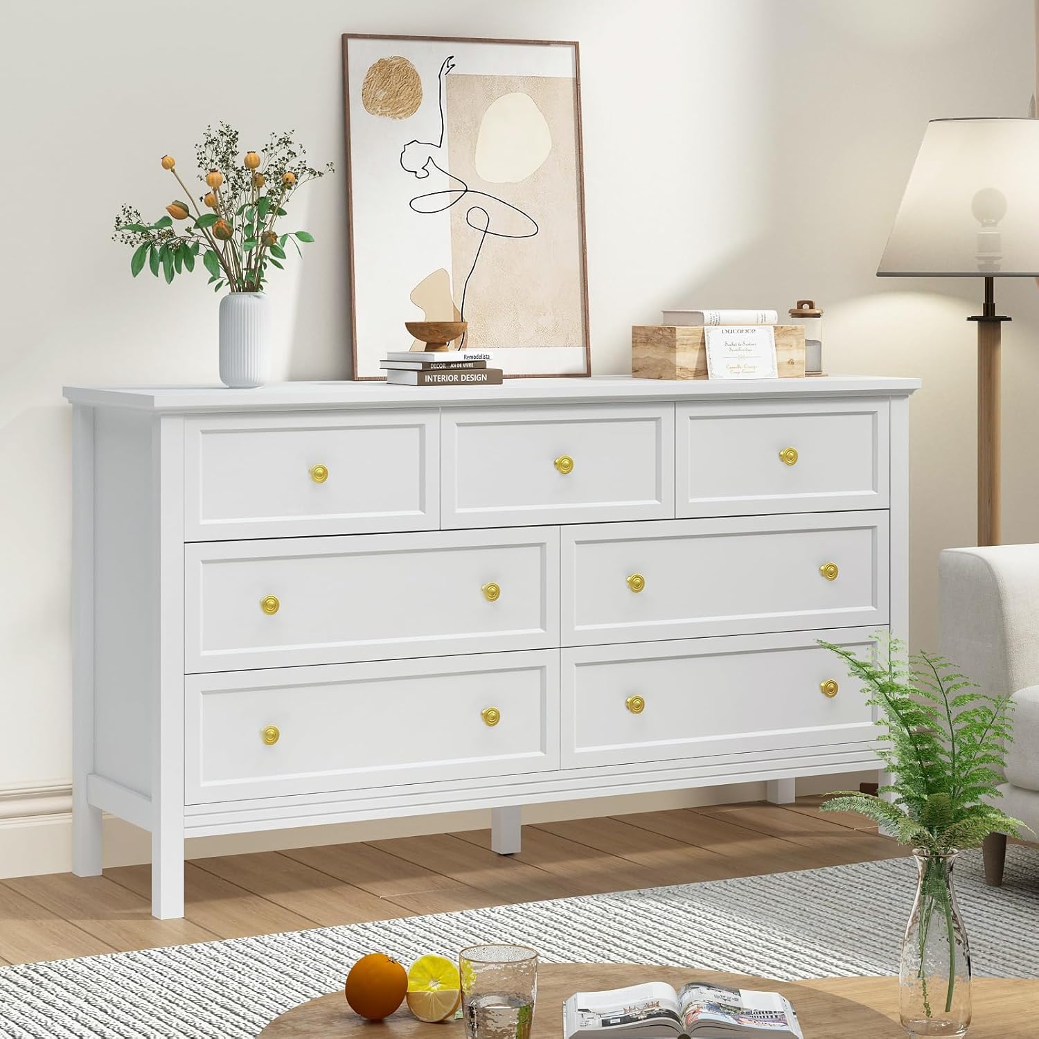 CARPETNAL White Dresser for Bedroom, 7 Drawer Dresser with Wide Drawers and Gold Metal Handles, 55