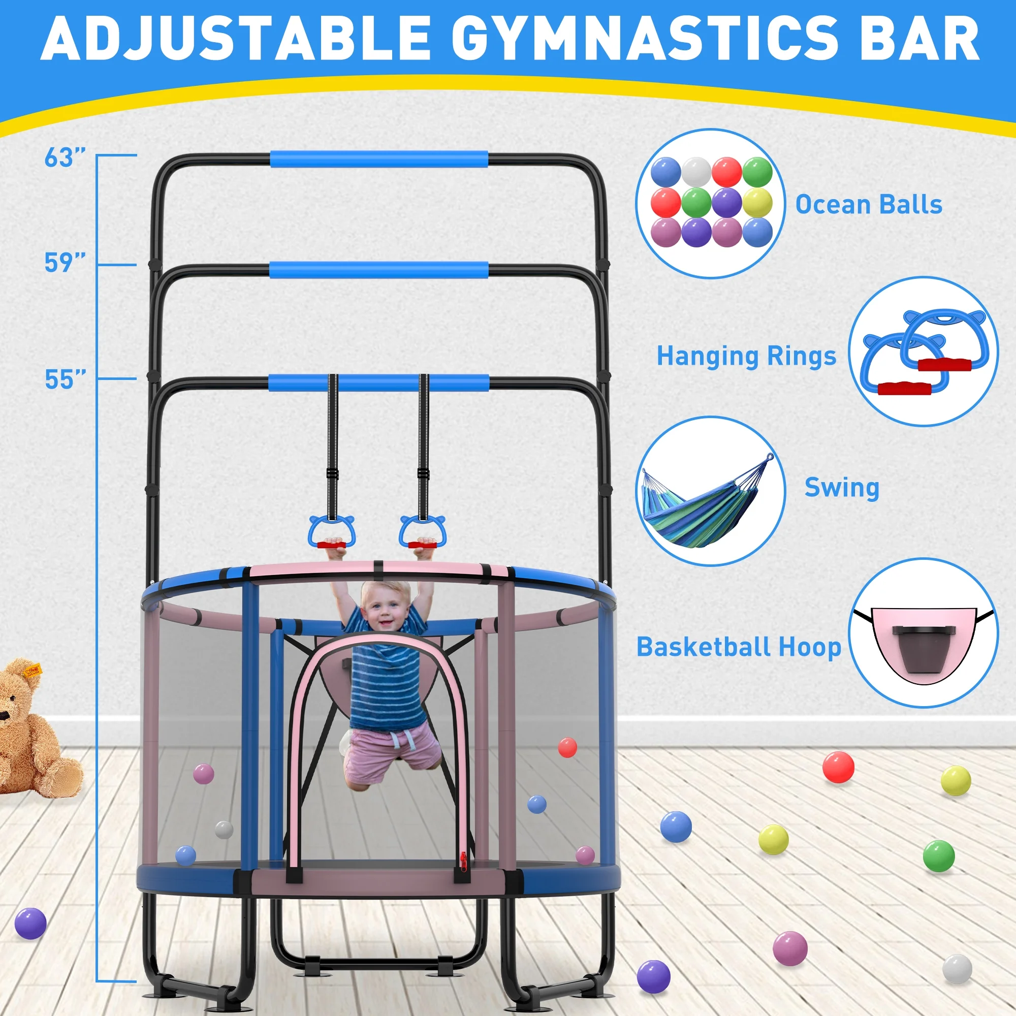 CITYLE Trampoline for Kids 600LBS 60'' 5FT Toddler Trampoline Indoor Outdoor with Basketball Hoop, Swing, Adjustable Bar, Mini Small Trampoline with Enclosure, Gifts for Toddlers, Boys & Girls - Image 16
