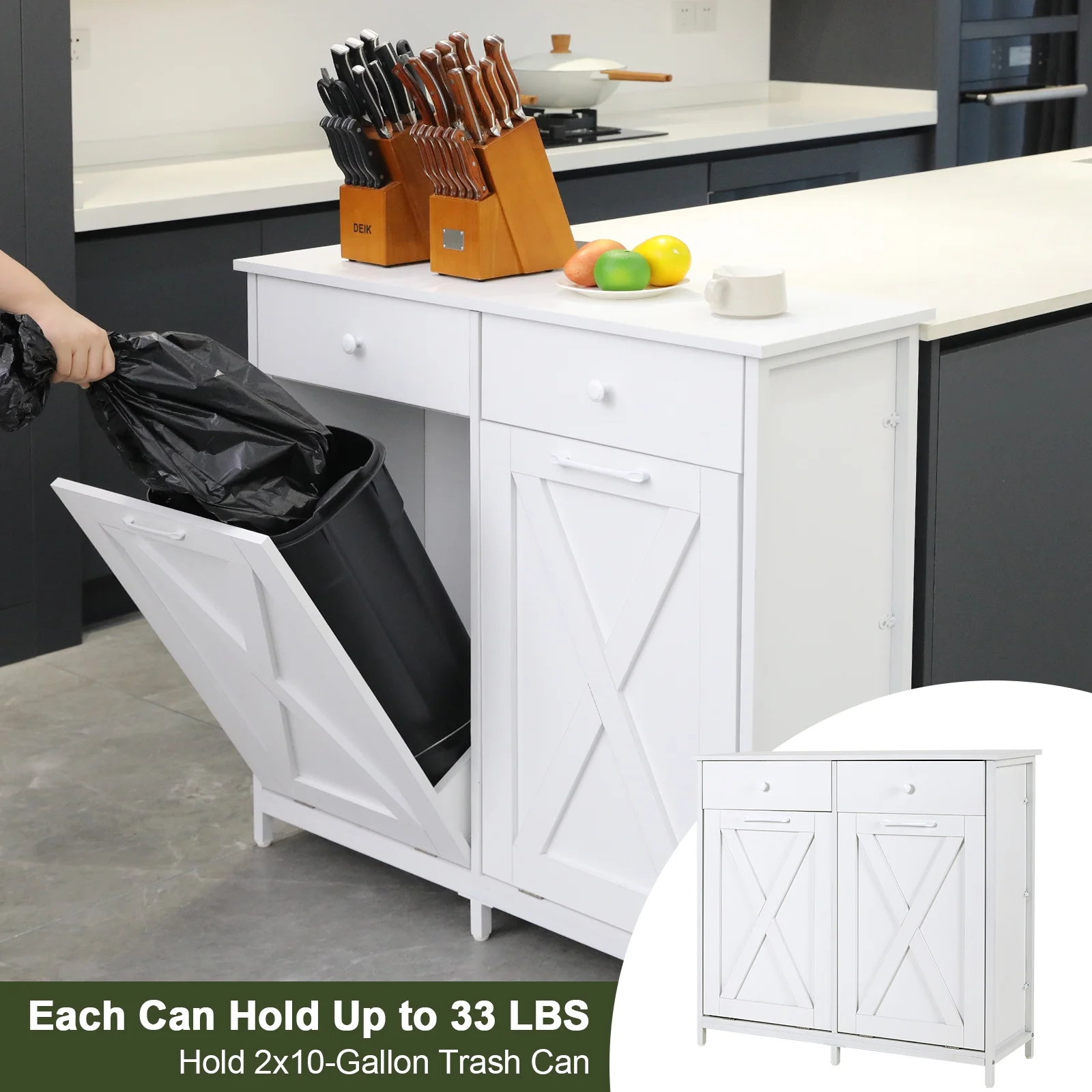 Pirecart 20 Gallon Double Tilt Out Trash Cabinet Wood Hidden Storage Cabinet, Recycling Cabinet with 2 Drawers, Black - Image 20