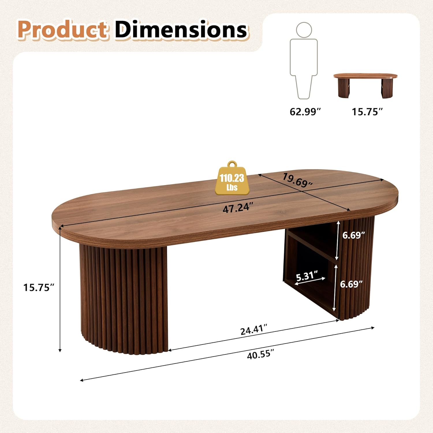 Oval Fluted Coffee Table, 47