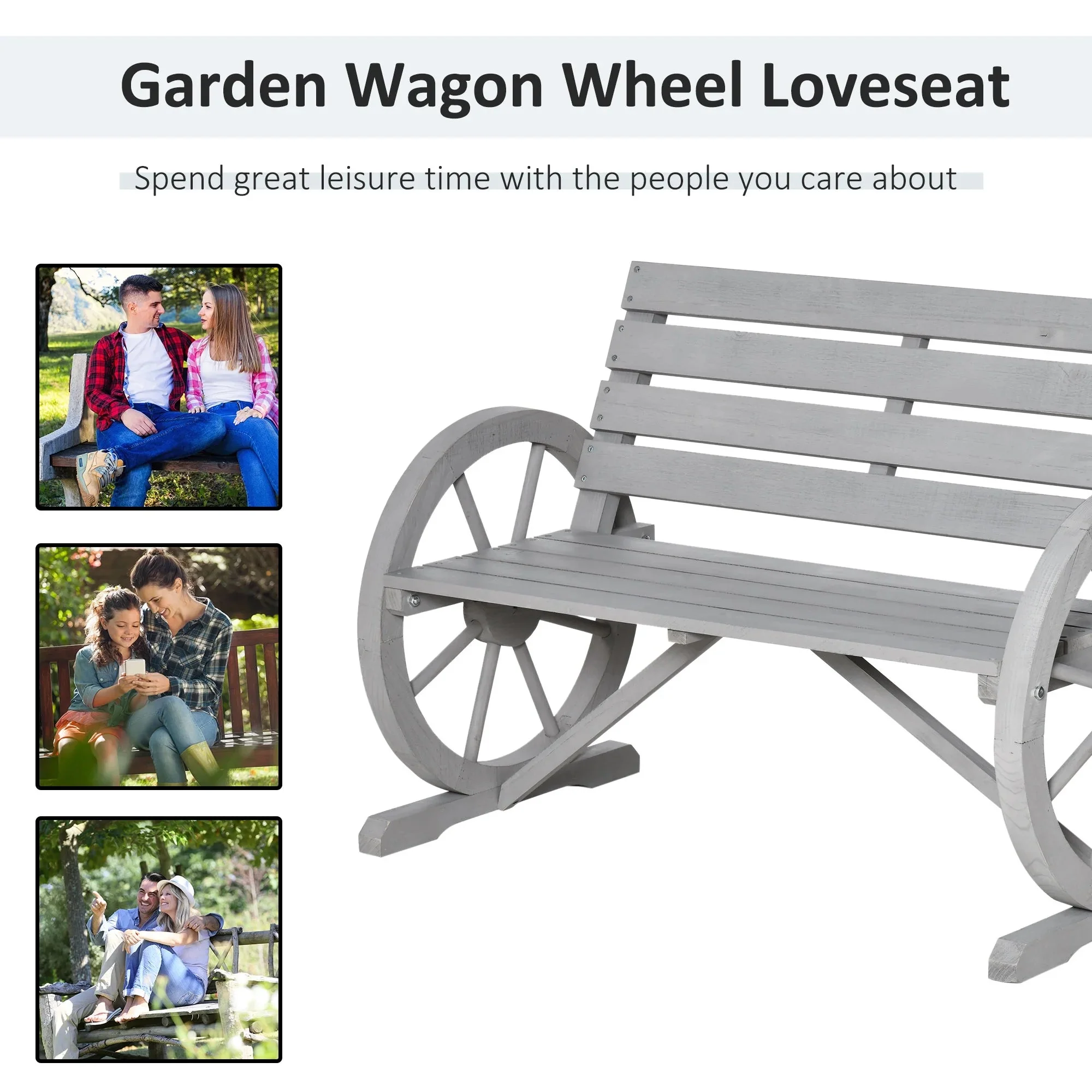 Outsunny Wooden Wagon Wheel Bench, 2-Person, Fir Wood, Carbonized, 41.5in L x 23.25in W x 29.5in H - 84B-183 - Image 16 Outsunny Wooden Wagon Wheel Bench, 2-Person, Fir Wood, Carbonized, 41.5in L x 23.25in W x 29.5in H - 84B-183 - Image 16