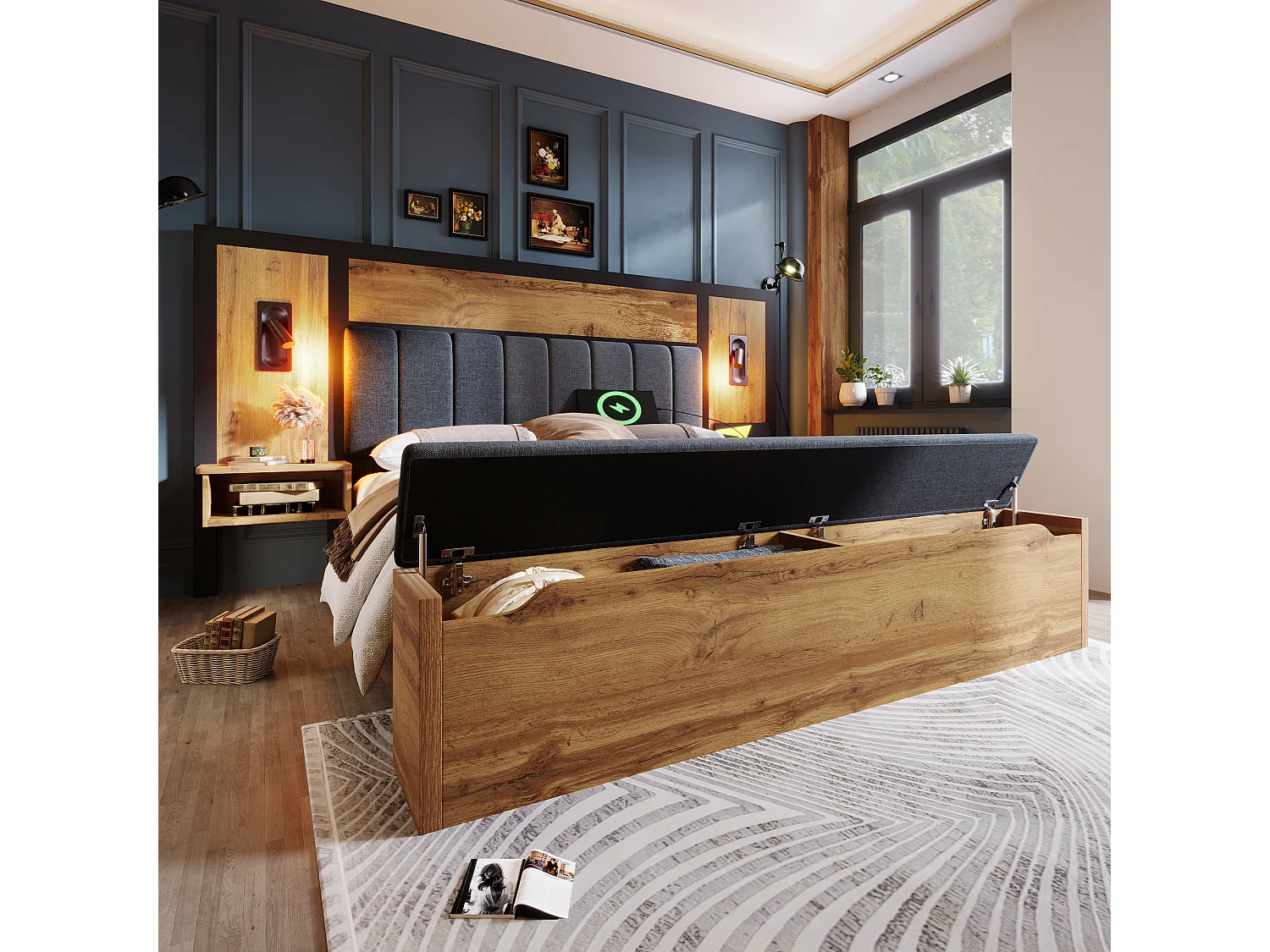 Lit adulte 160×200cm - avec liseuse + prises chargement + banquette de rangement - avec sommier en métal - Naturel