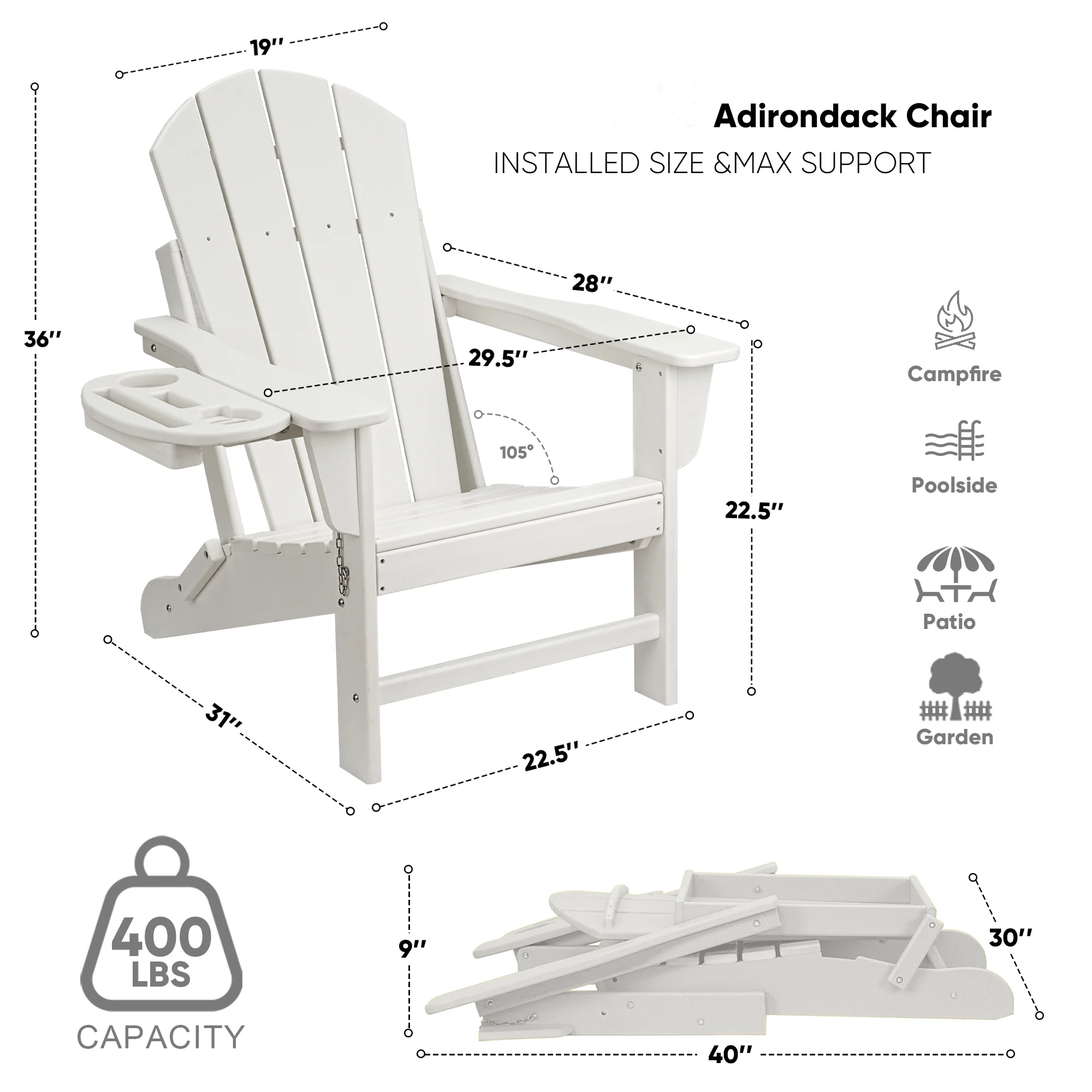 FOOWIN HDPE Plastic Adirondack Chairs Set of 4, Black - Image 117