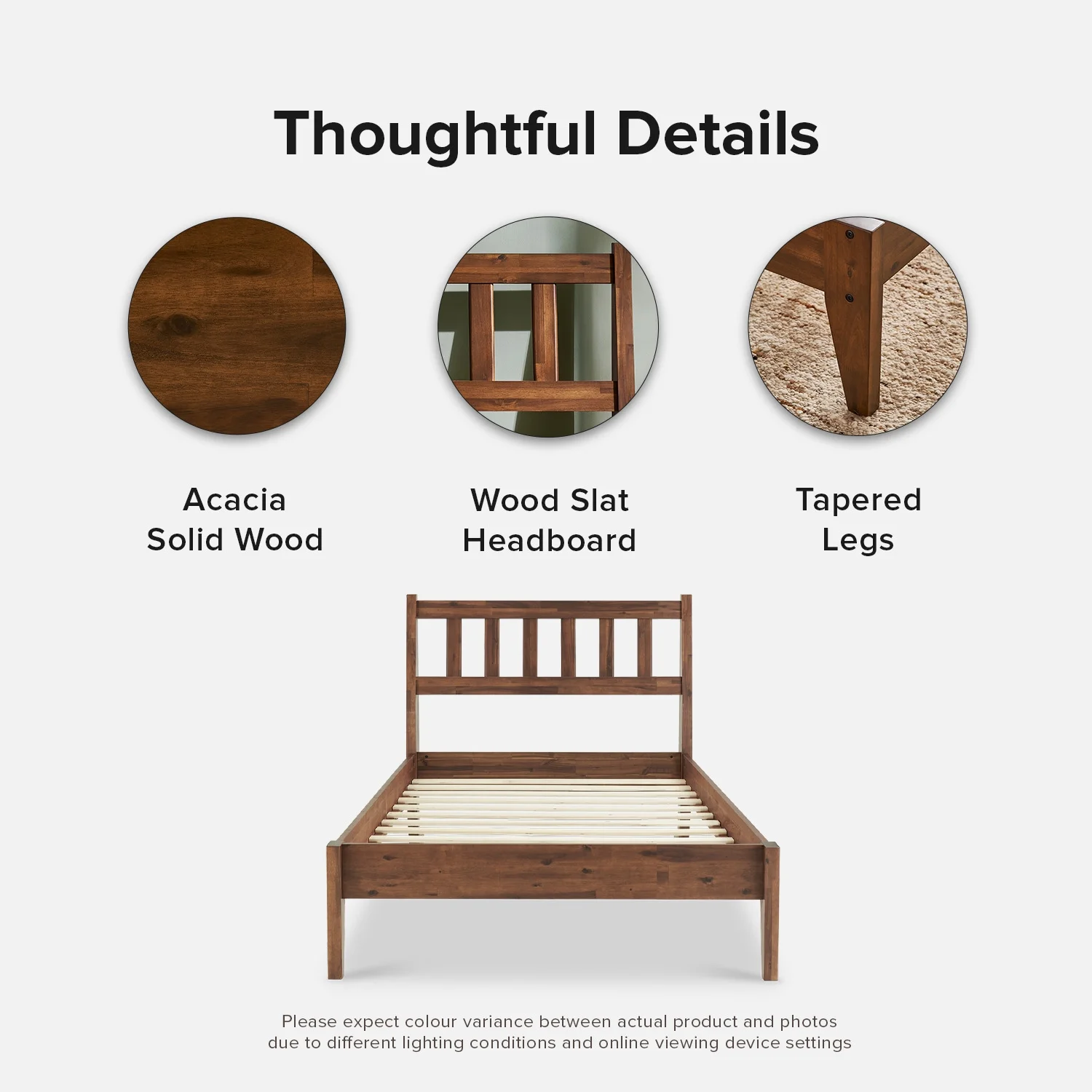 Mopio Ted Queen Bed Frame with Headboard, Full Size Bed Frame, Mid Century Modern Acacia Solid Wood Platform Bed Frame, Wooden Bed Slats, No Box Spring Needed, Double Metal Bar Support, Walnut - Image 19