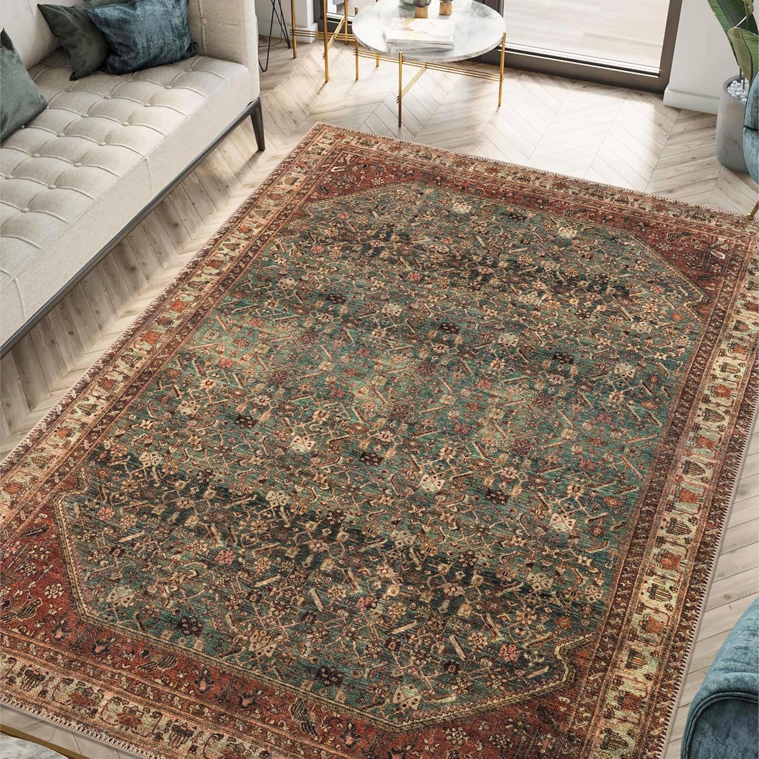 Keen Home Design 10x14 Rug - Machine Washable Area Rug with Non-Slip Backing, Ideal for Living Room, Dining Room, Bedroom - Vintage, Easy Clean, Durable, Low Pile Rug - (9'7