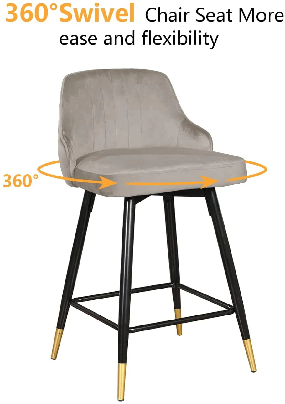 EiweLive 25'' Swivel Bar Stools with Back Set of 4, Gray Velvet Counter Height Stools for Kitchen Island, Pub - Image 2