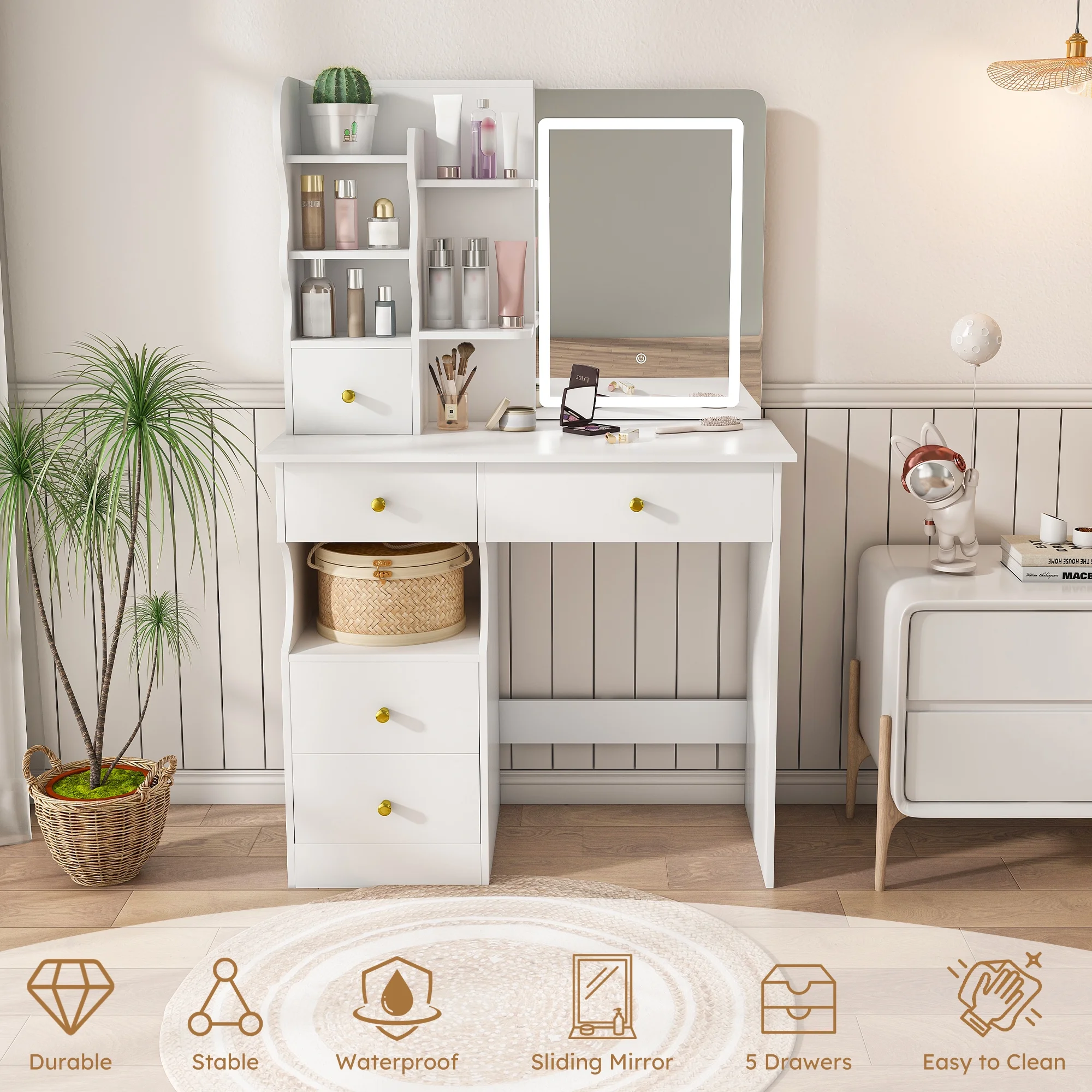 Montary Modern Mini Vanity w/Adjustable LED Mirror + Hidden Storage, Padded Stool & Dustproof Shelves (White) - Image 33