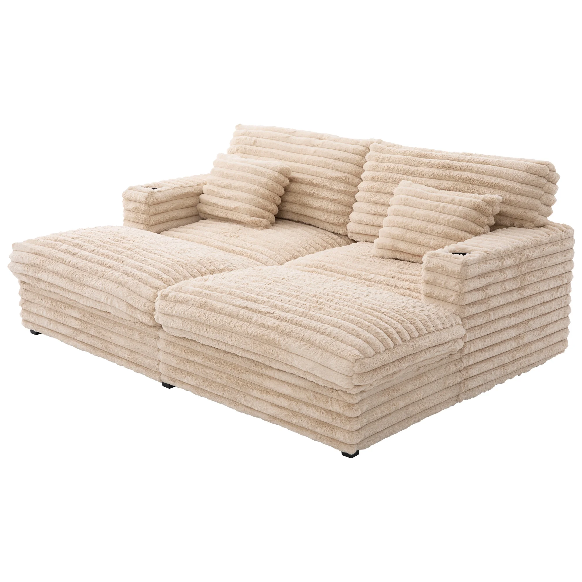 Oversized Double Chaise Lounge, Faux Fur Upholstered Deep Seat Sofa with 2 Pillows, 2 Cupholders, and Dual USB Ports - Image 37