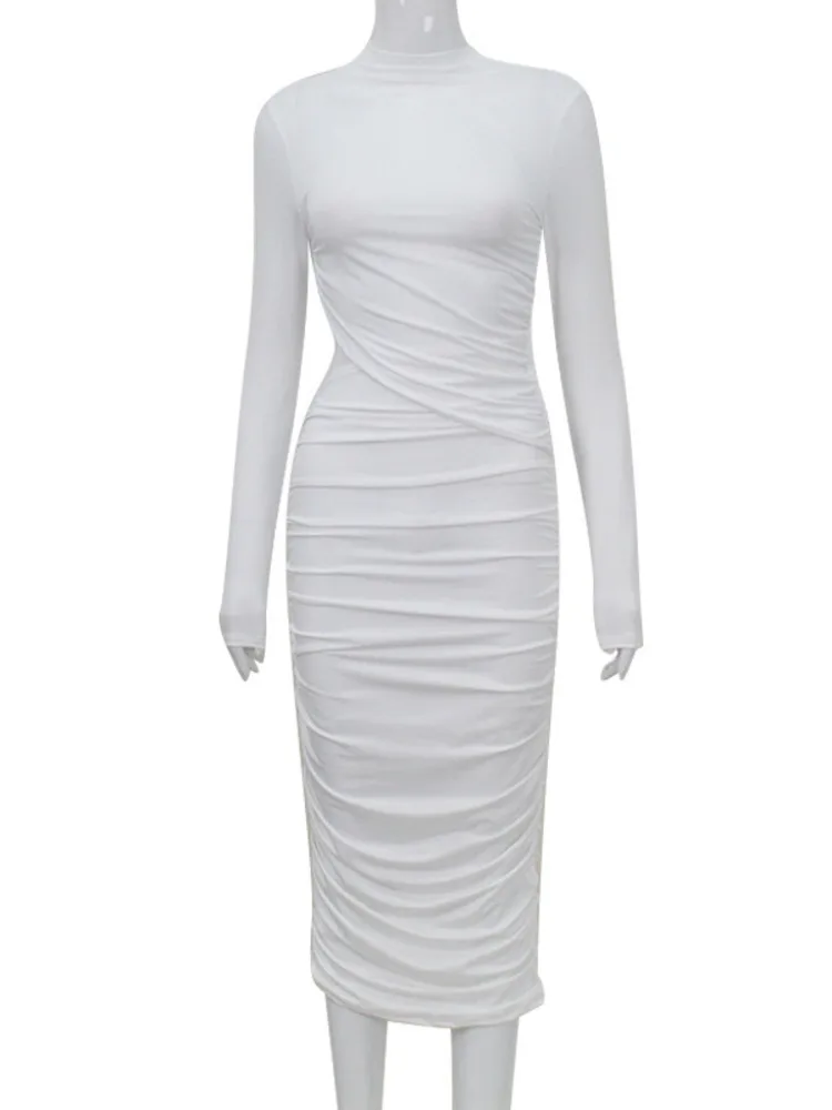 Elegant Women Long Sleeved Sexy Hollow Out Party Evening Dress Pleated Tight Elegant Formal Vestidos Autumn/winter 2025 - AZJHJ