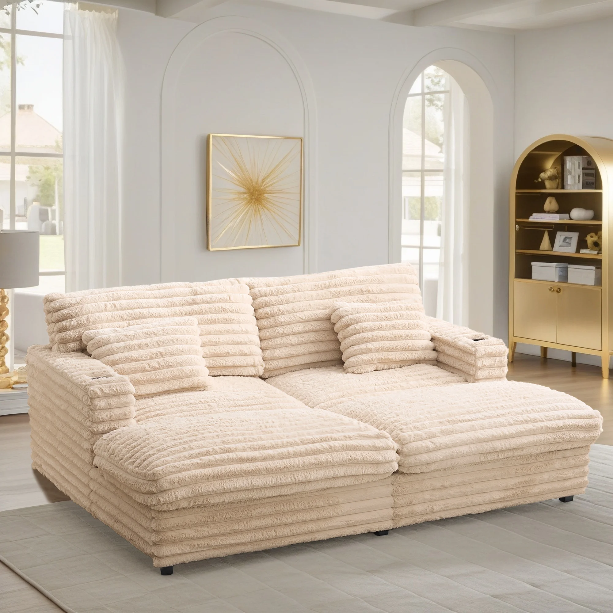 Oversized Double Chaise Lounge, Faux Fur Upholstered Deep Seat Sofa with 2 Pillows, 2 Cupholders, and Dual USB Ports - Image 30