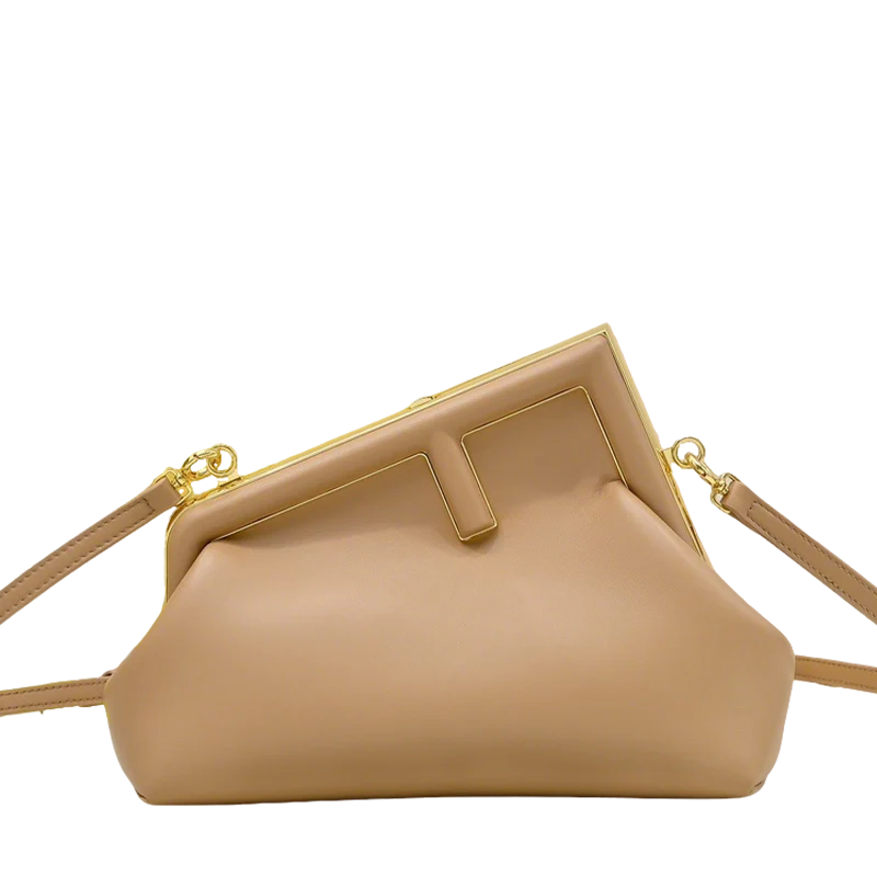 Elegant Fendi First Clutch Bag With Gold - Trimmed Frame And Cross - Body Strap 269 - Replicaclubs