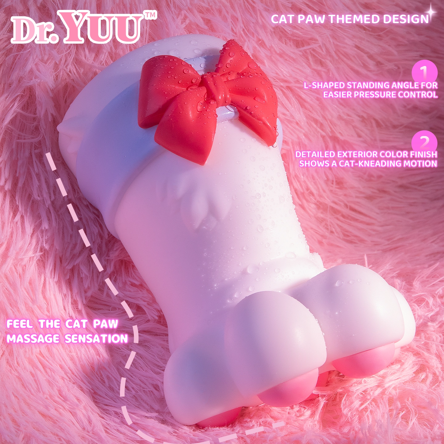 Dr.YUU anime cat paw masturbator lifestyle product photo featuring an original paw-shaped silhouette, detailed pink paw pads, soft pure silicone, and a stable L-shaped form