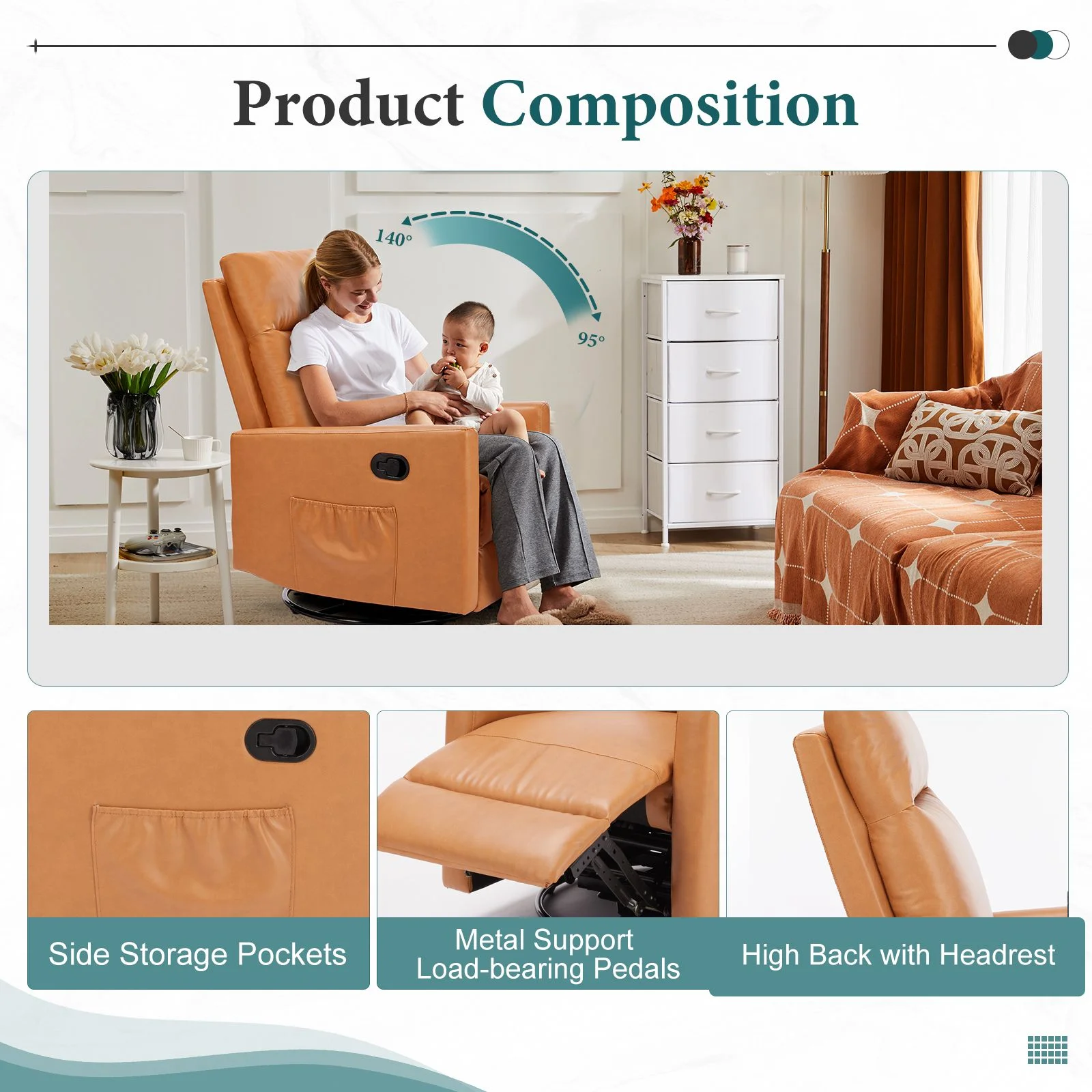 Recliner Message Chair with Footrest, Swivel Rocking Glider, High Back Upholstered Deep Seat for Living Room, Grey - Image 29