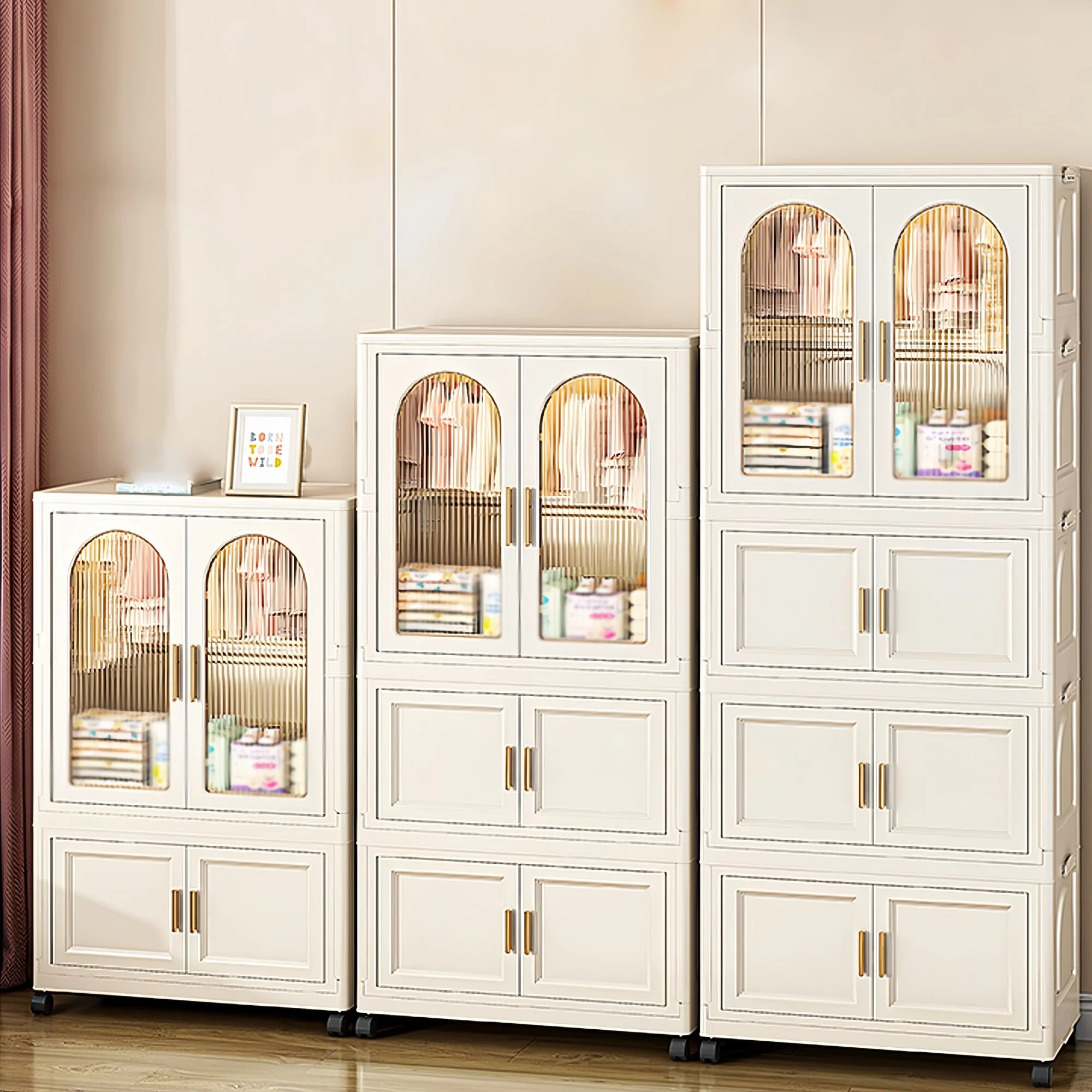 PORKISS Portable Wardrobe Closet, Folding Bedroom Armoire with Wheels, Plastic Storage Basket Can be Freely Combined (1 Layer of Wardrobe + 2 Layers of Folding Boxes+10 Hangers), Cream White-57.09"H - Image 20
