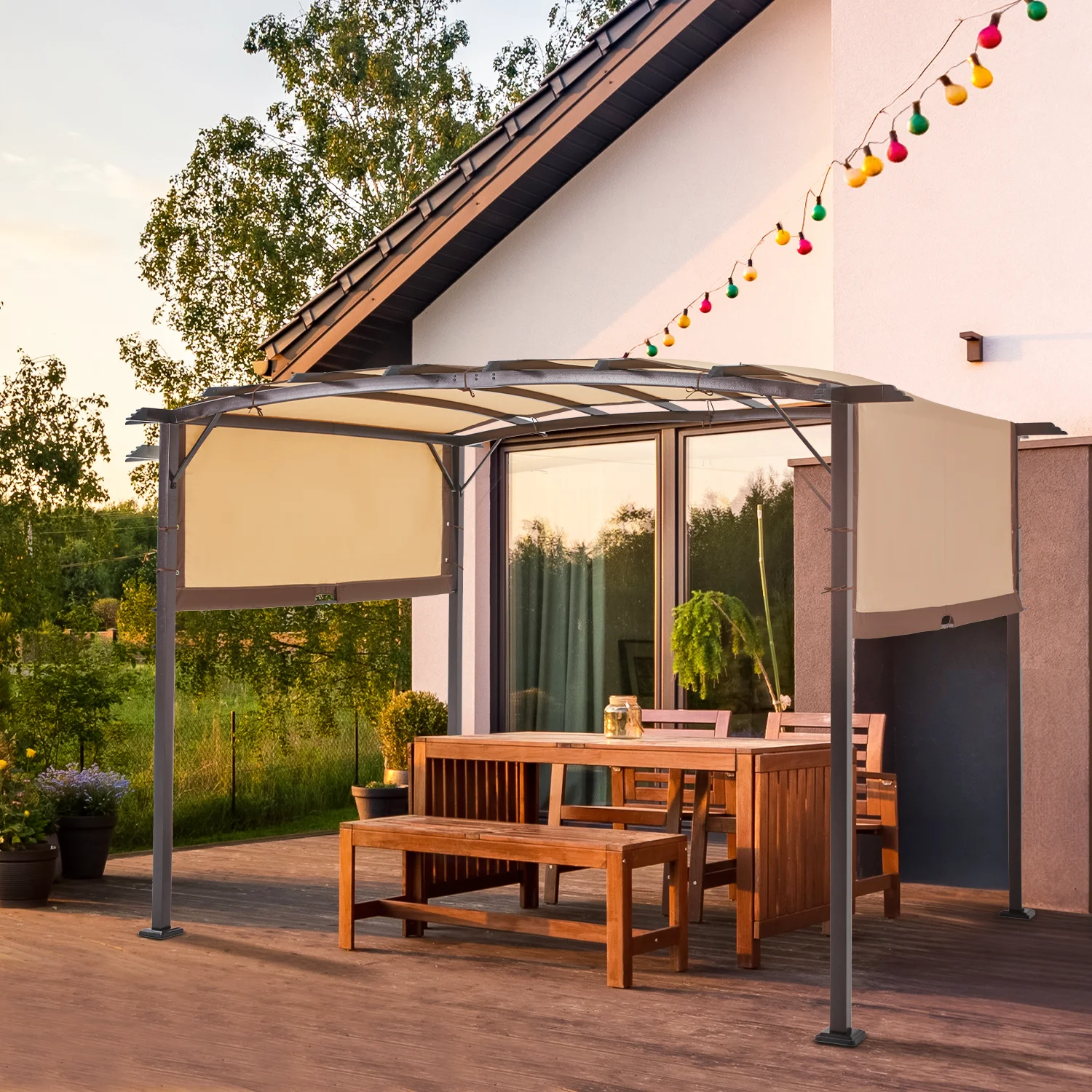 AECOJOY 12�?X 9�?Outdoor Retractable Steel Pergola Canopy with Adjustable Shade-Beige - Image 4