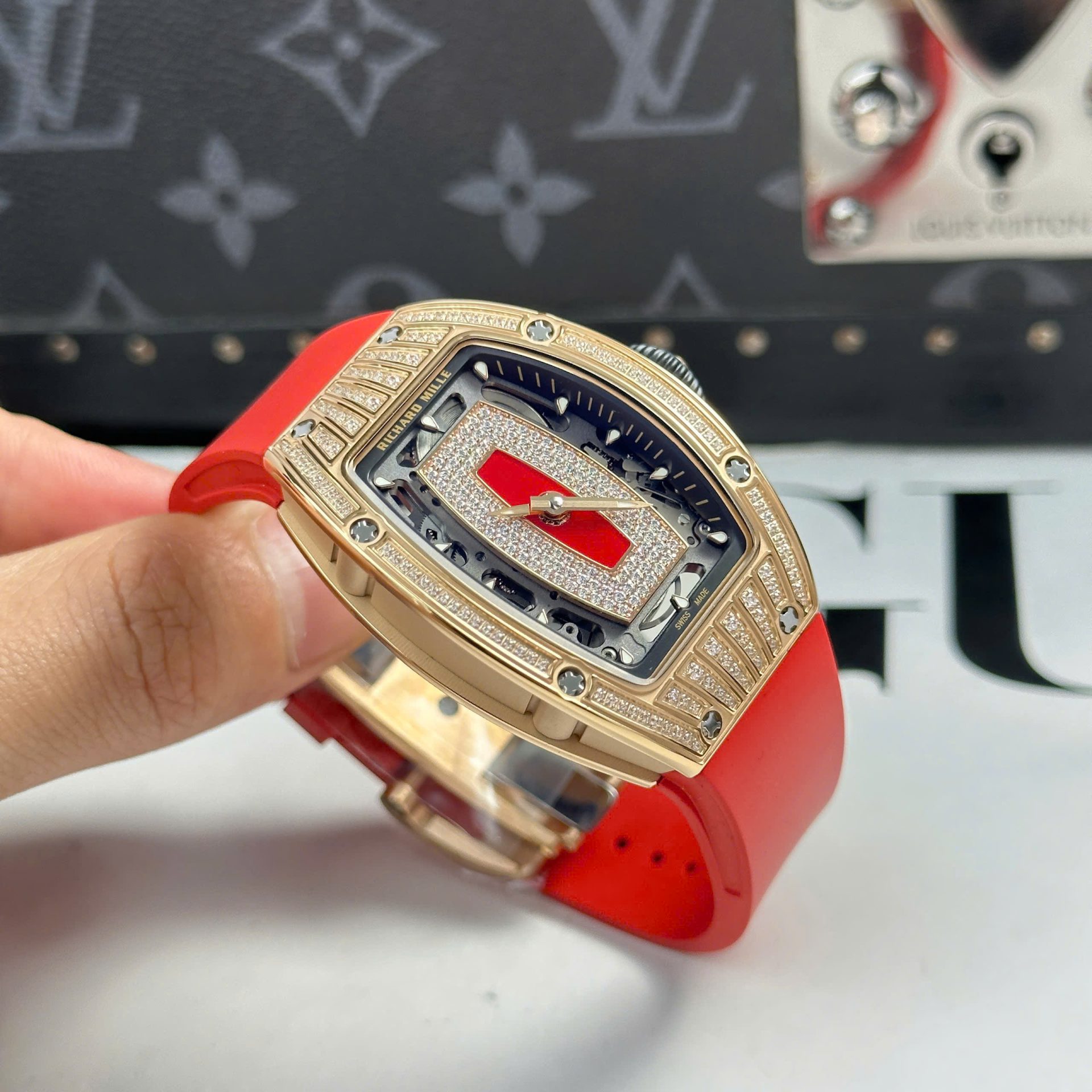 Richard Mille RM07-01 Best Replica Watches Diamonds Red Rubber Strap ZF Factory 36mm - Elite Watch Atelier