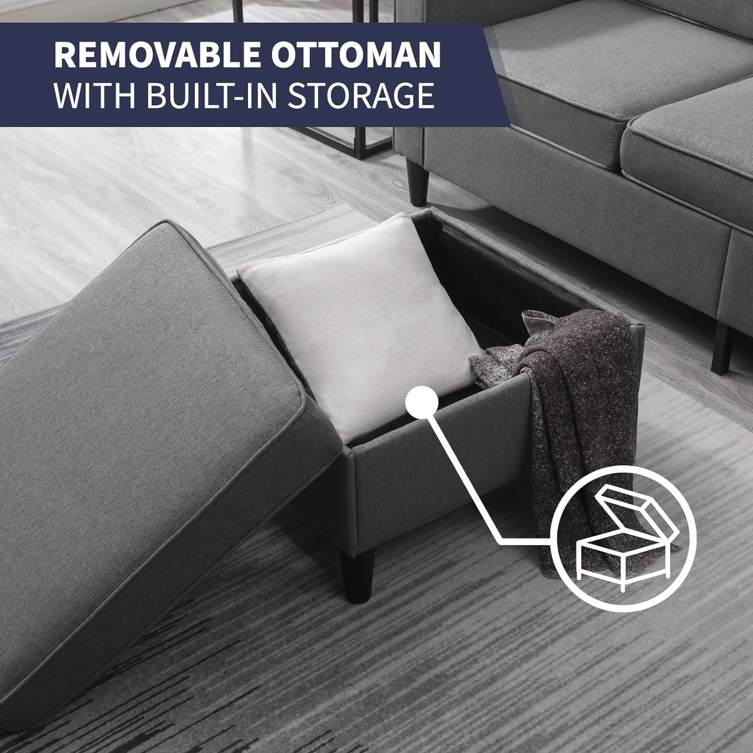ijuicy Sectional Sofa Set,3PCS Living Room Furniture Couch Sets with Movable Storage Ottoman & Side Pockets,Include Sofa,Loveseat&Chair,Dark Gray - Image 5
