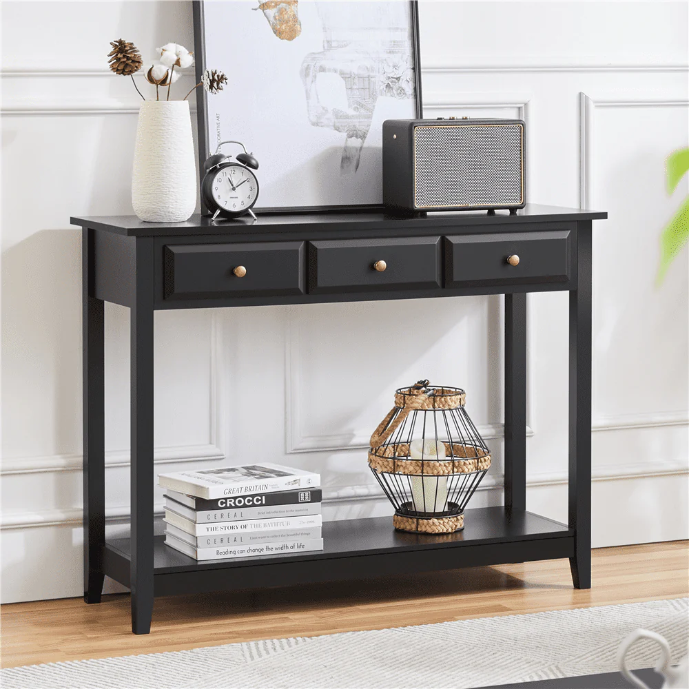 Topeakmart 3-Drawer Wooden Console Table Entryway Table with Storage Shelf Pine Wood Legs, Black - Image 7