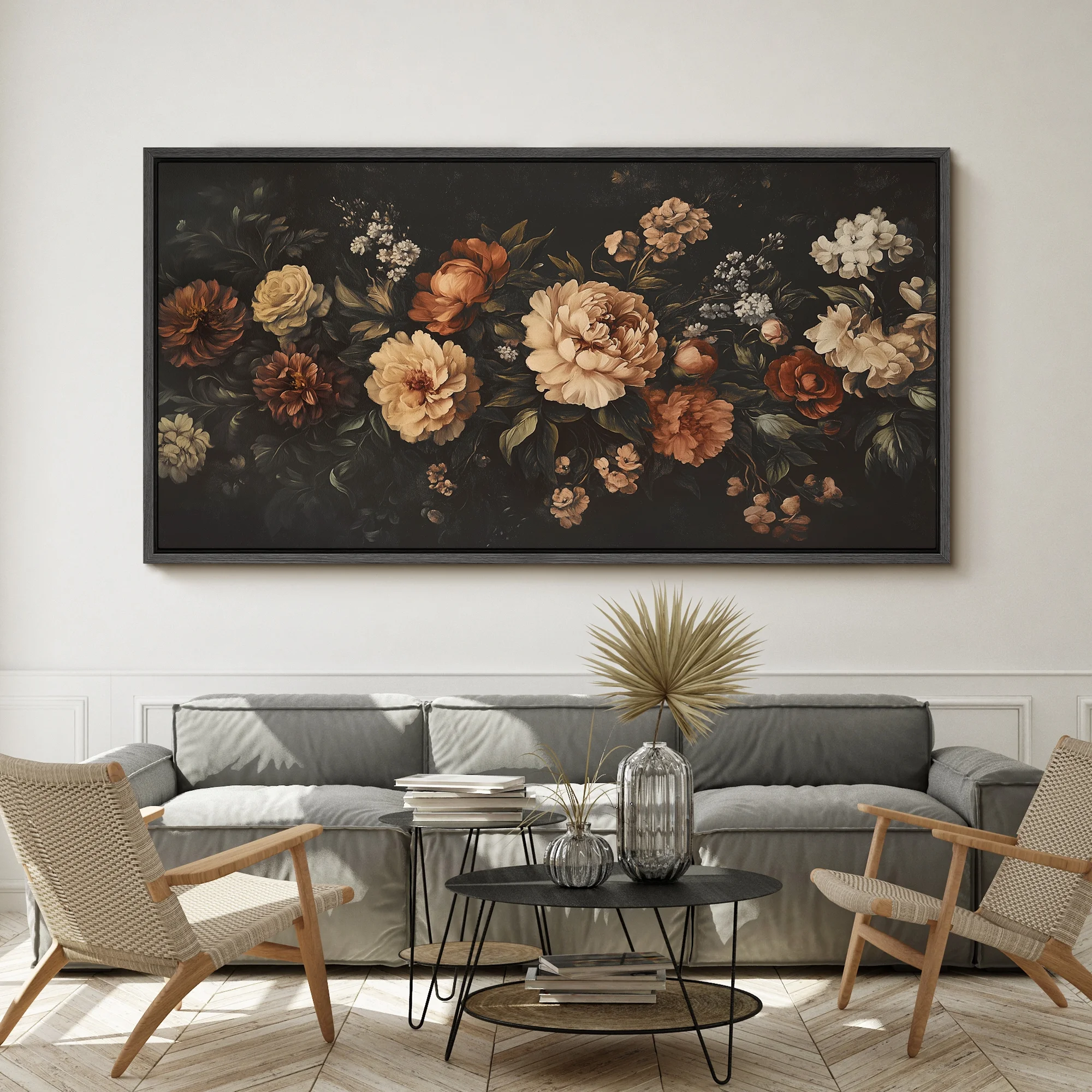 Large Framed Canvas Print Vintage Colorful Beautiful Flowers Wall Art Decorative Ready to Hang Painting for Living room Bedroom - 60