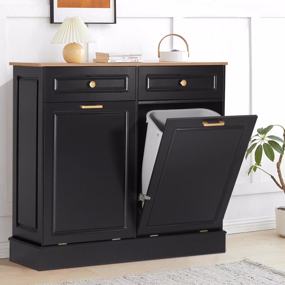 Eclife 20 Gallons Double Tilt Out Trash Cabinet Wood Tabletop, Upgrade Gray, WB010GY - Image 3