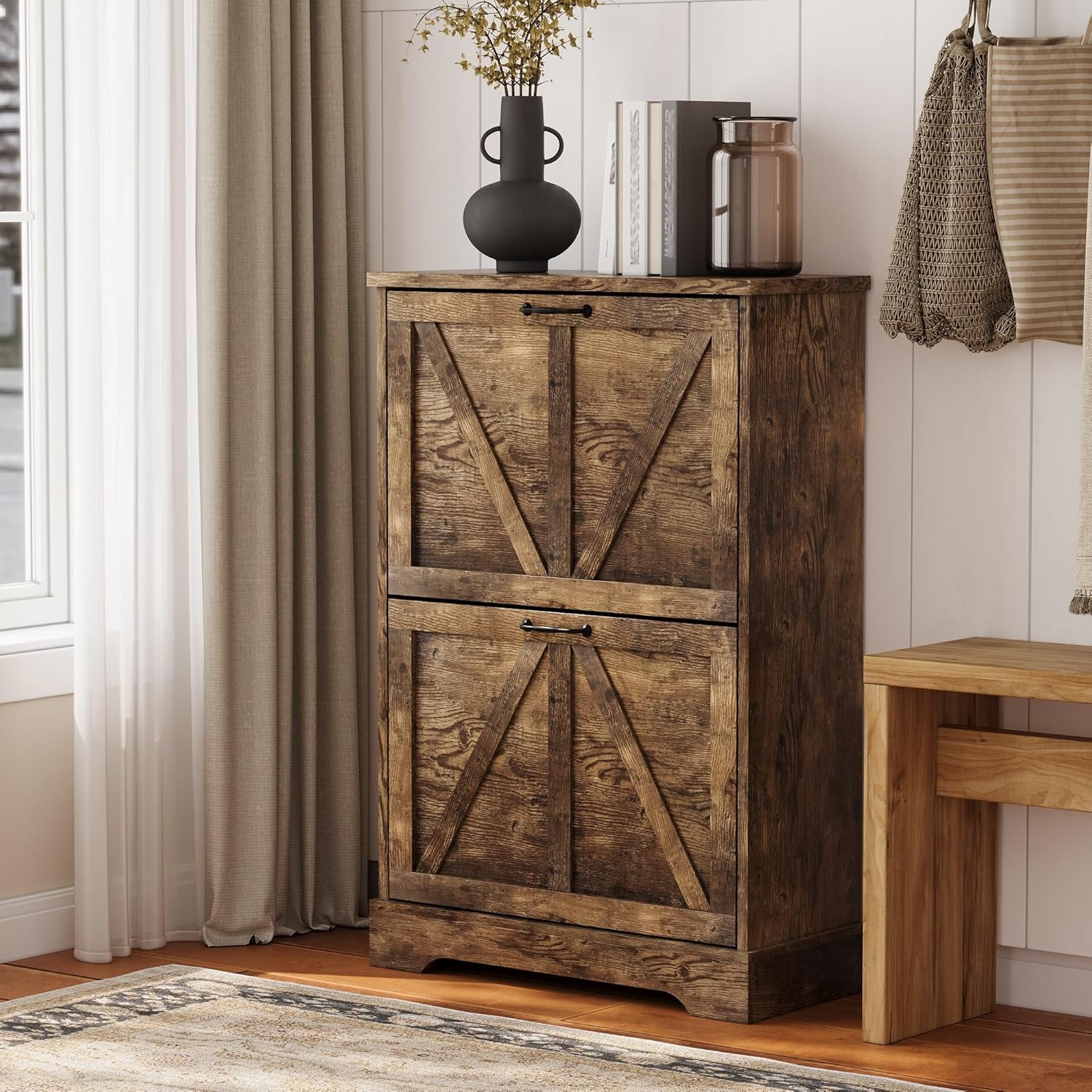 Semiocthome Farmhouse Shoe Storage Cabinet with 2 Flip Drawers, 23.6