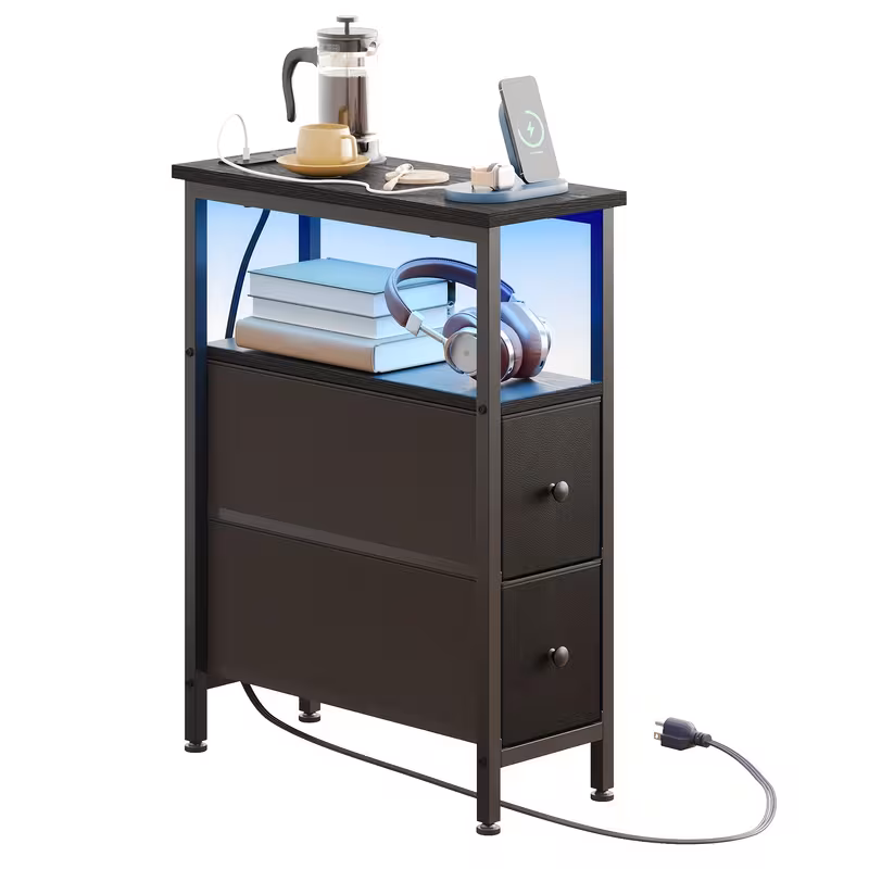 Narrow Nightstand with Charging Station & 2 Fabric Drawers | Fixwal