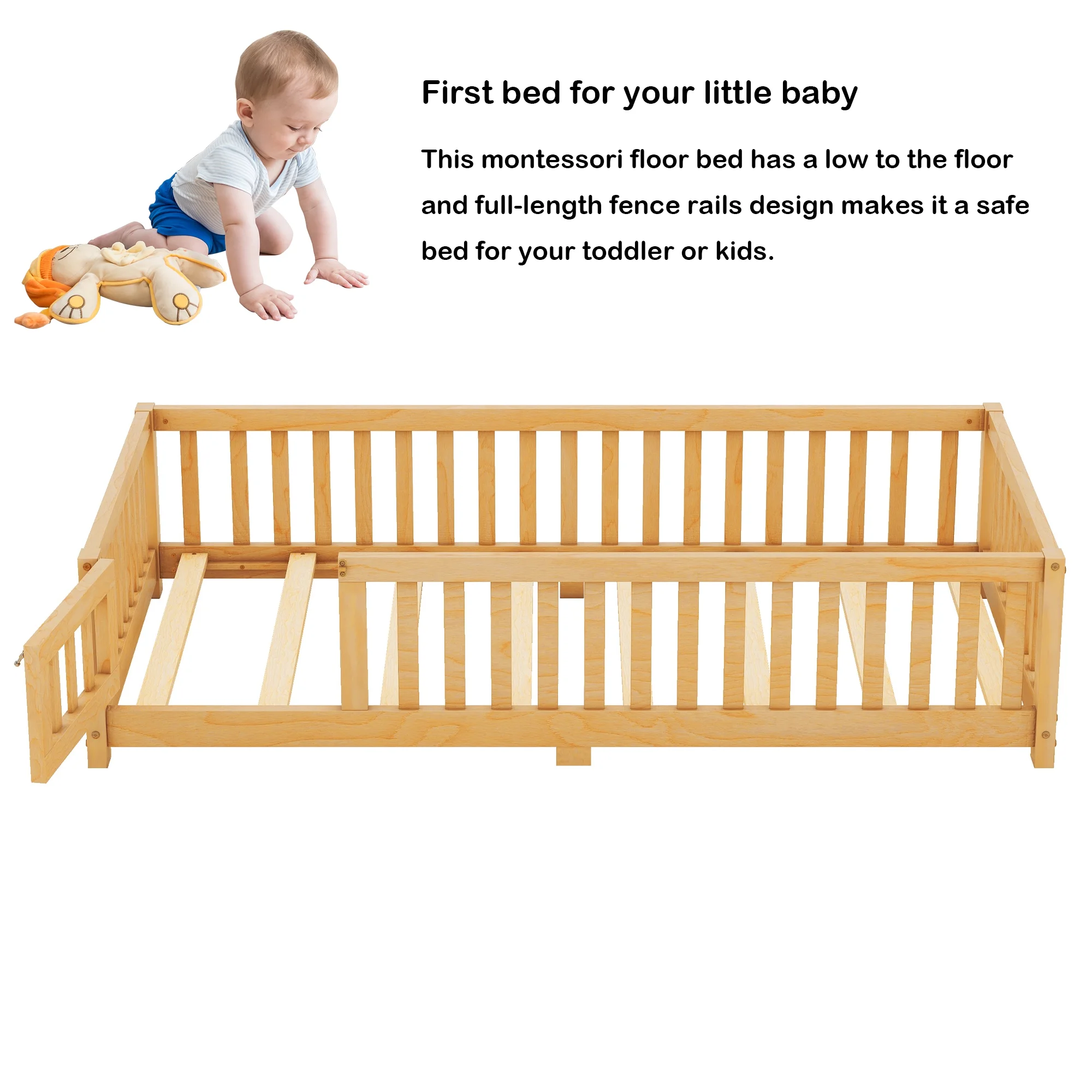 Bellemave Full Size Floor Bed with Door and Fence Floor Bed with Bed Slats Sturdy Wood Floor Bed Montessori Bed Frame (Full, Pink) - Image 16