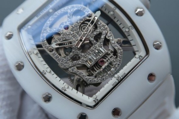 Replica Richard Mille RM052 White Ceramic Diamonds Skull Dial White Rubber Strap MIYOTA8215 - Elite Watch Atelier