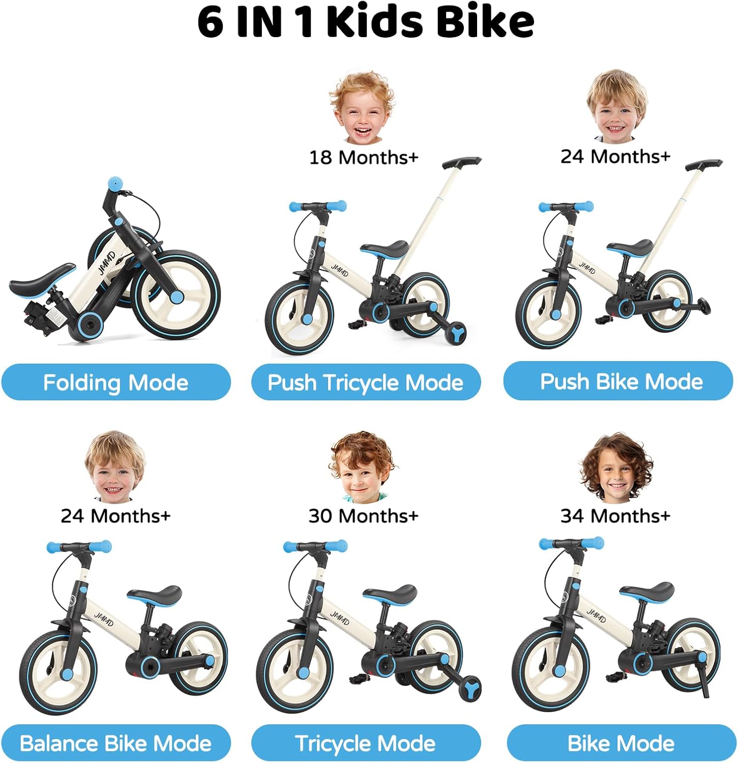 JMMD 6 in 1 Toddler Bike with Push Handle for Kids 18-60 Months, 12