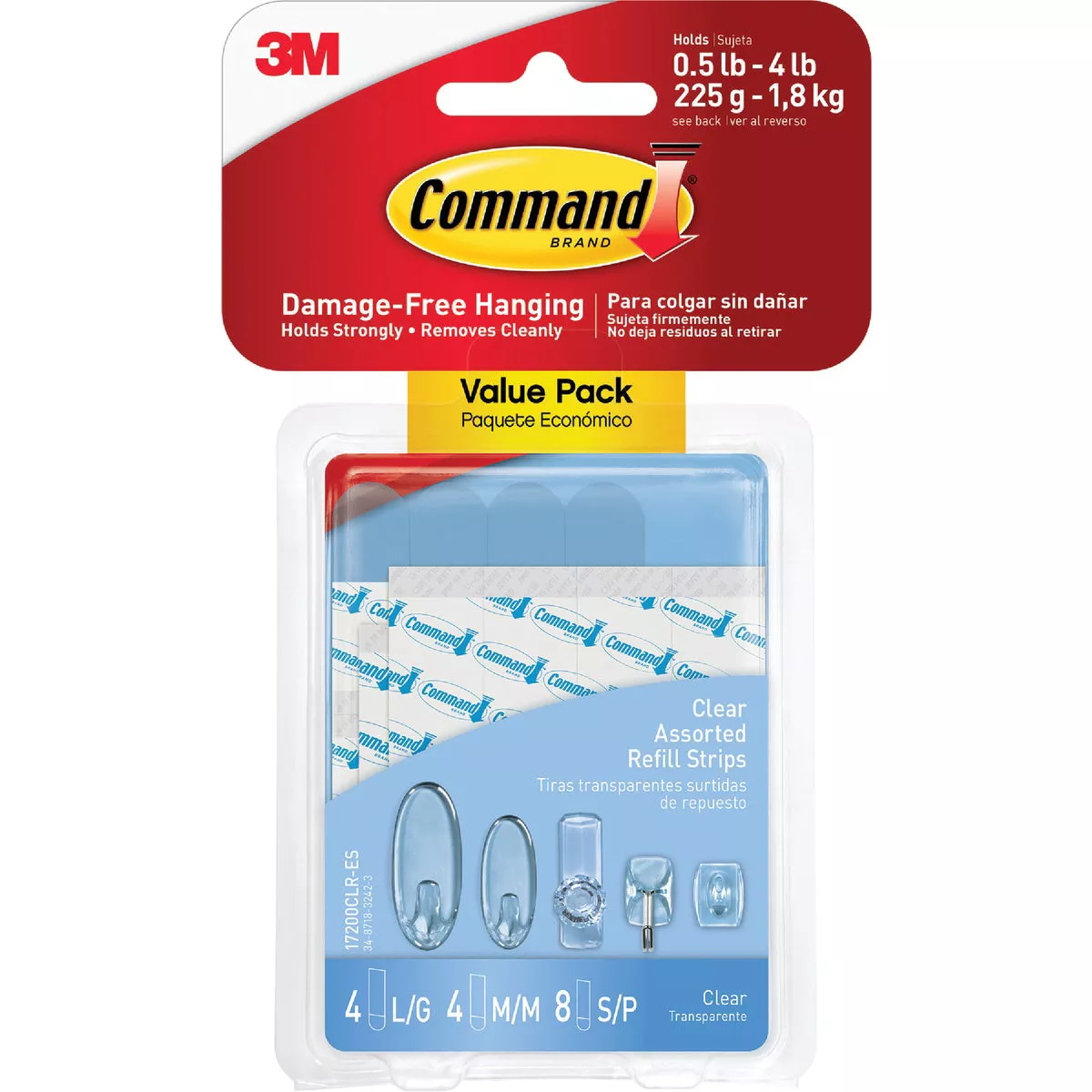 Command Assorted Adhesive Strips, Clear, 8 Small, 4 Medium, 4 Large Strips