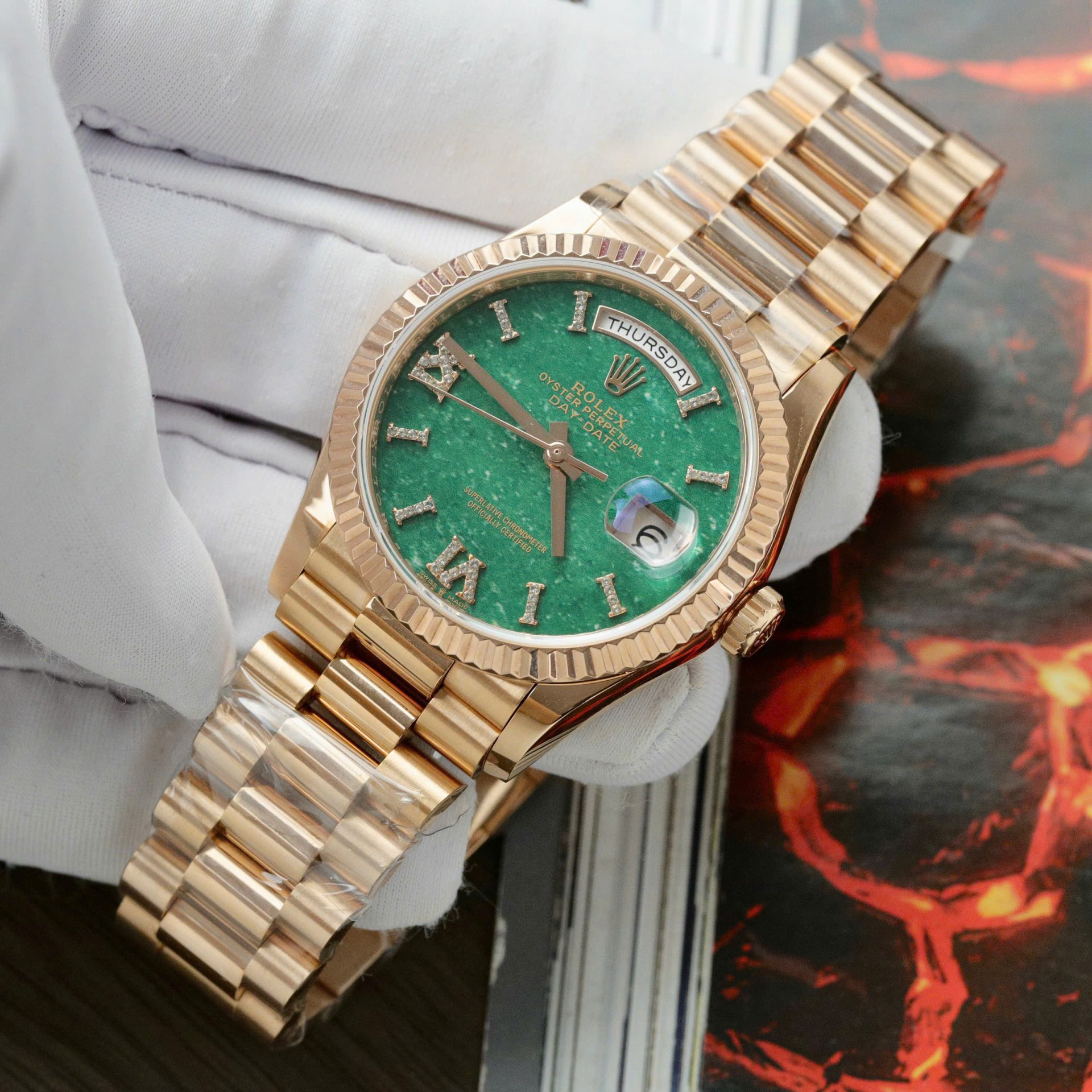 Rolex Day-Date 128235 Dial Aventurine Replica Watch Custom Gold Wrapped 36mm - Elite Watch Atelier