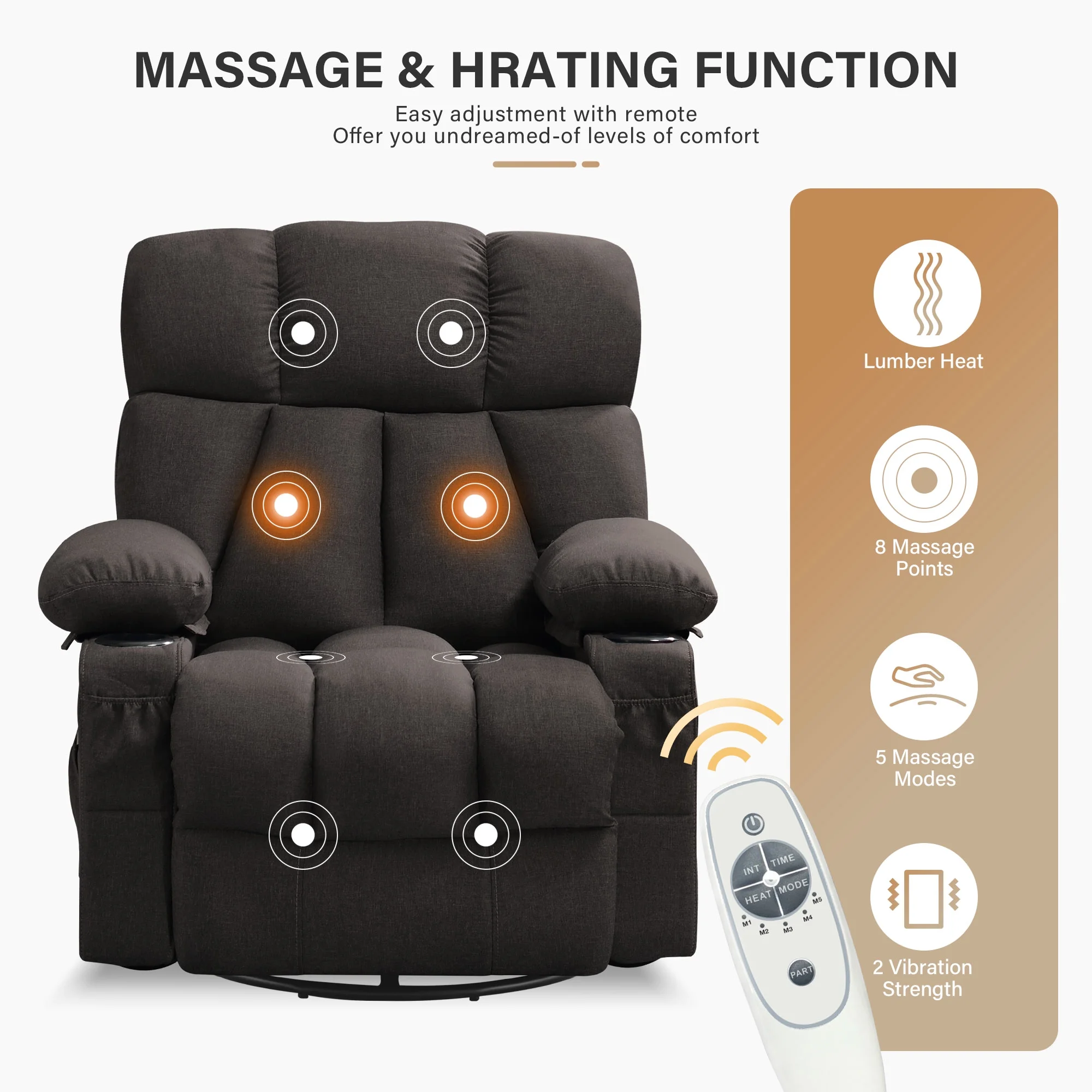 JONPONY Manual Recliner Chair with Heat Therapy and Massage Function, Heavy Duty Reclining Mechanism Massage Chair, Elderly Single Rocker Sofa with Cup Holders for Bedroom Home Theater,Grey - Image 65